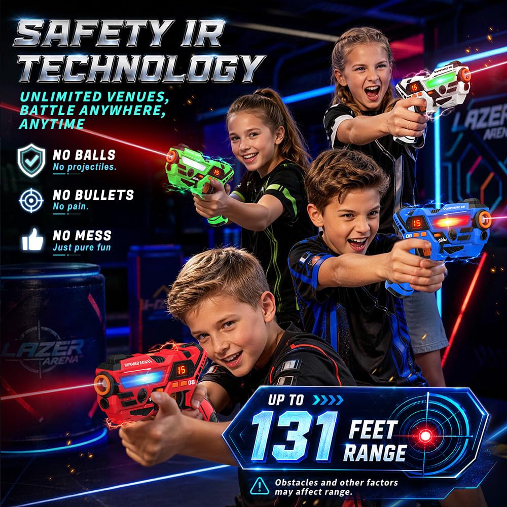 VATOS Set Laser Tag Ricaricabile 4 Pezzi, Giocattoli Pistola Laser con Schermo LED, Raggio 40 m per Interni ed Esterni - Gioco per Ragazzi e Famiglia, Regalo di Compleanno e Vacanza per Bambini 6+