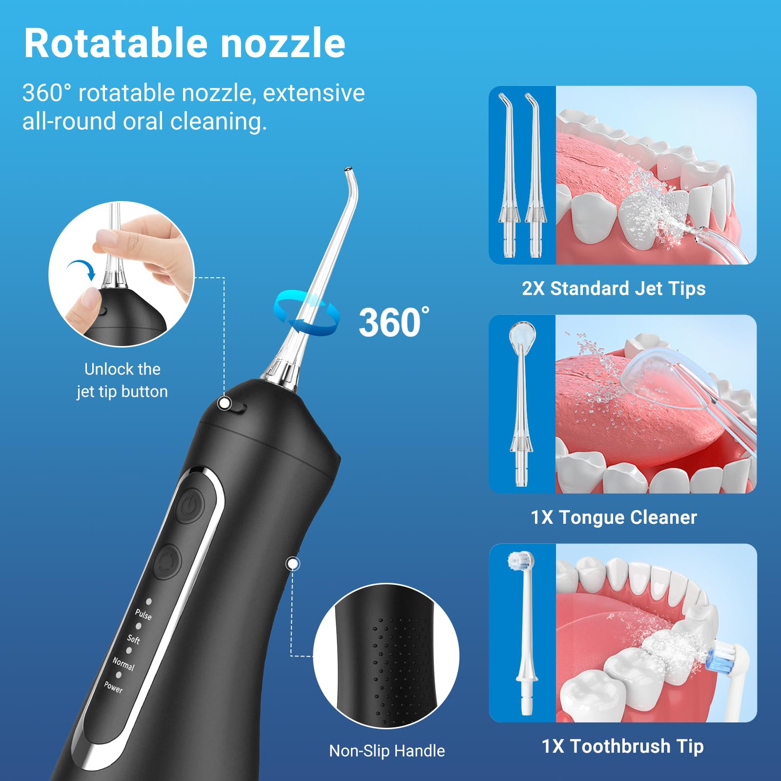 JNGOODS JNGOODS - Irrigador bucal inalámbrico de agua, 300 ml, recargable para dientes, IPX7, impermeable, 4 modos, irrigador oral portátil con 4 puntas de chorro, uso doméstico de viaje (negro)