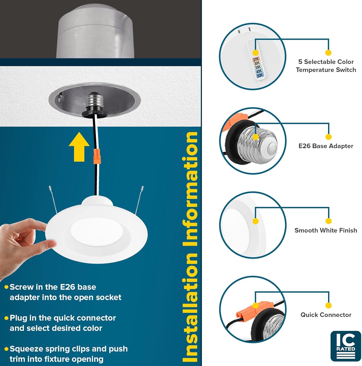 6'' White LED Retrofit Recessed Lighting Kit with Selectable Color Temperature