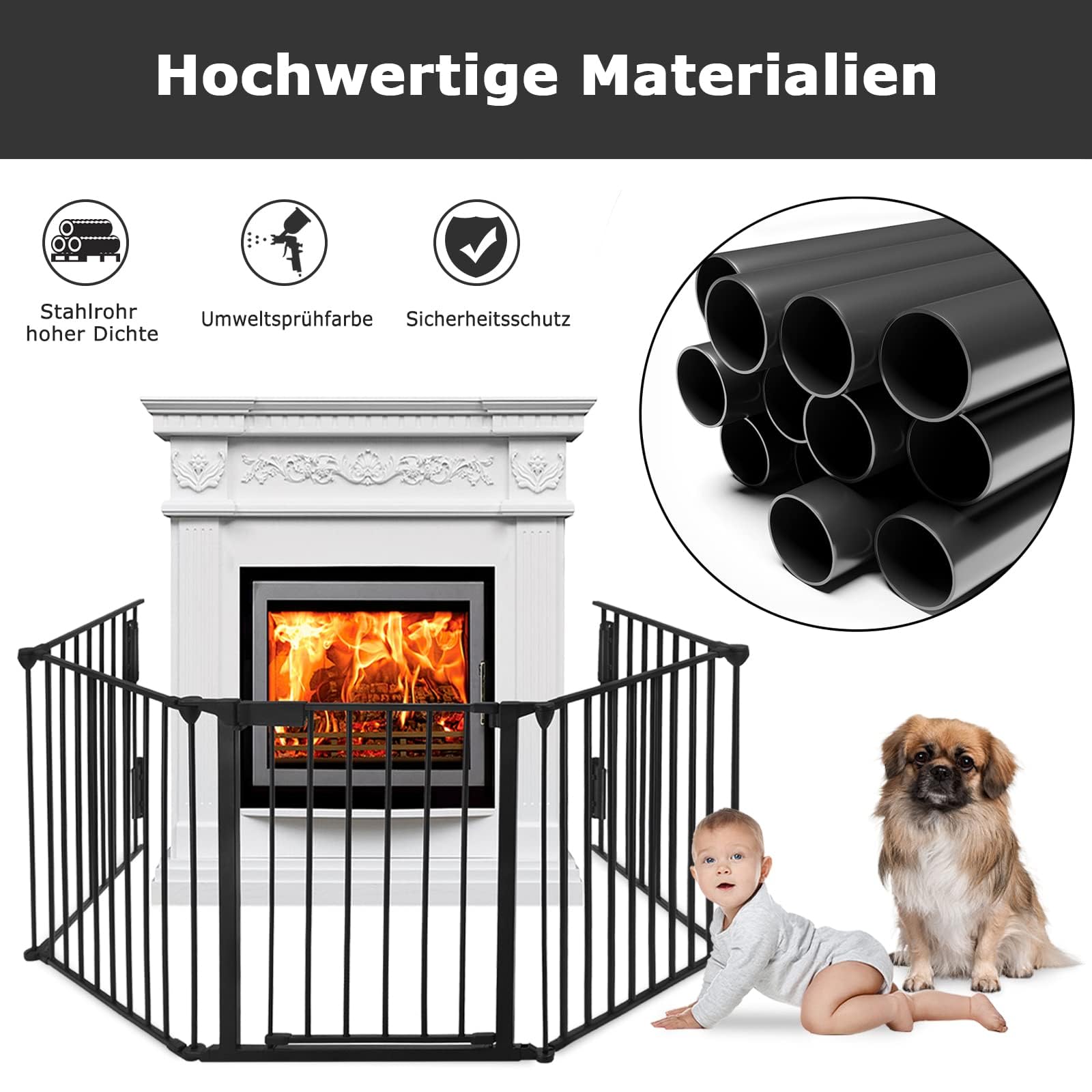 LILIIN Kaminschutzgitter mit Tür, 5 Elemente Absperrgitter Faltbar Ofenschutzgitter Kamin Schutzgitter ohne Bohren, für Kinder-Sicherung, 300 x60 x75cm, Schwarz