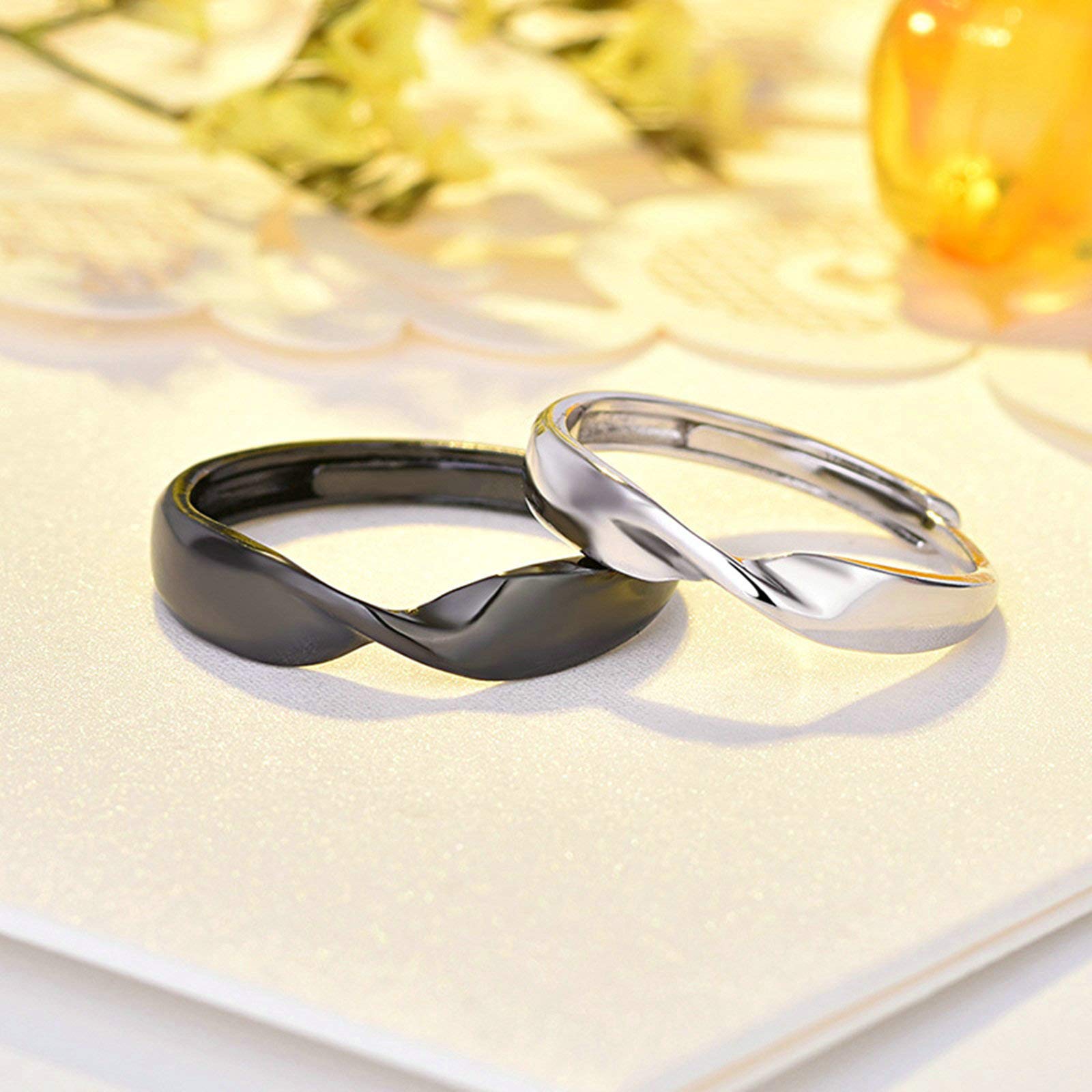 WBDWWTD Ringe-Sets für Sie und Ihn in Schwarz, passende Ringe für Paare, individueller 925er-Sterlingsilber, Verstellbarer schwarzer Mobius-Ring aus Silber