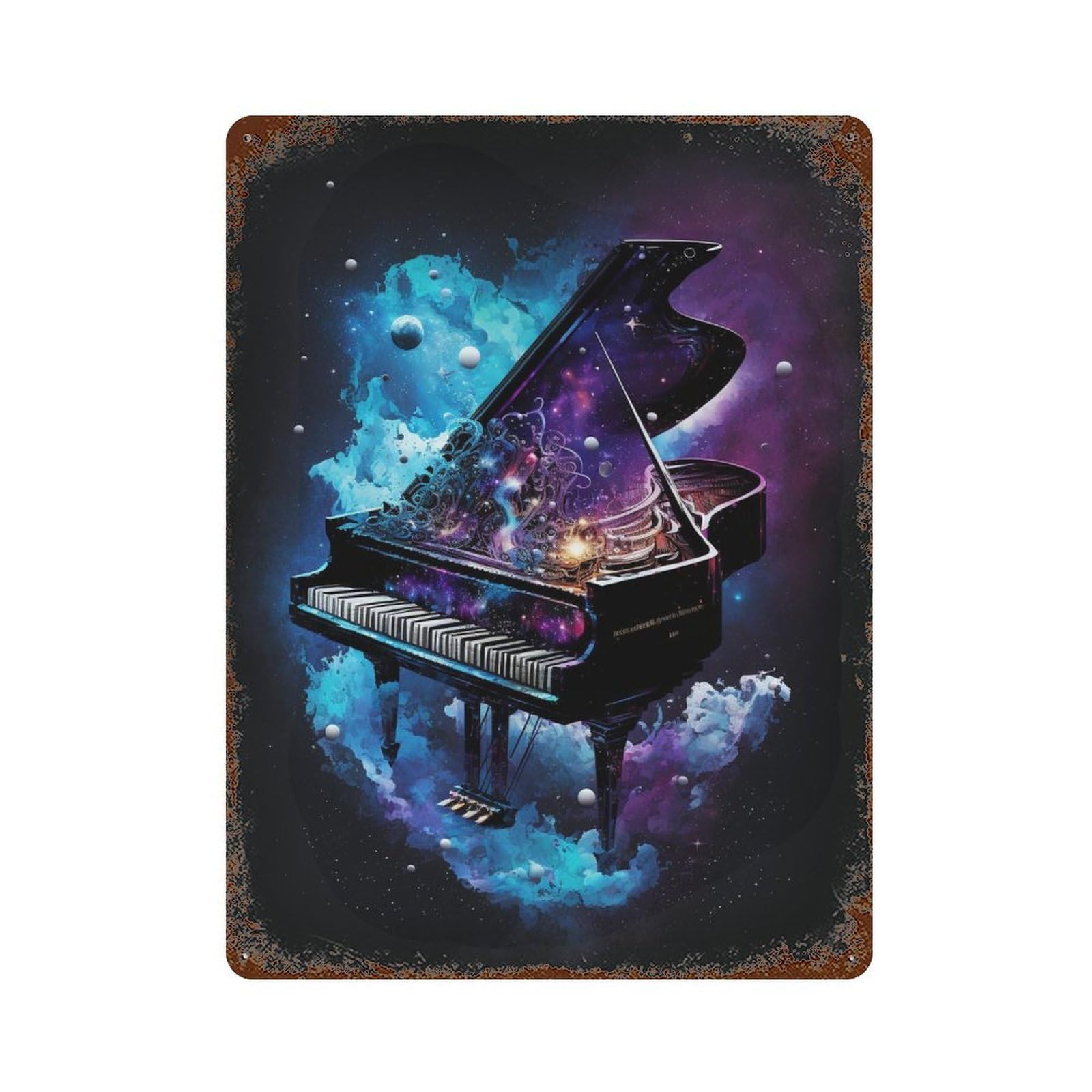 Rust Effect Cosmic Piano Symphony Decorative Tin Sign 15.7"x11.8", Classic Wall Plaque for Pub, Kitchen And Man Cave Decor