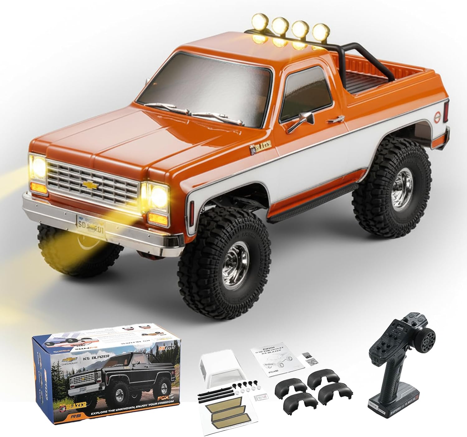EAZYRC FMS FCX10 1/10 RC Crawler RS Chevy K5 Blazer Orange, with License Hobby Grade RC Truck, 8KM+ 2 Speed Transmission Remote Control Car for Adults with 2.4Ghz Radio and LED Light (Orange)