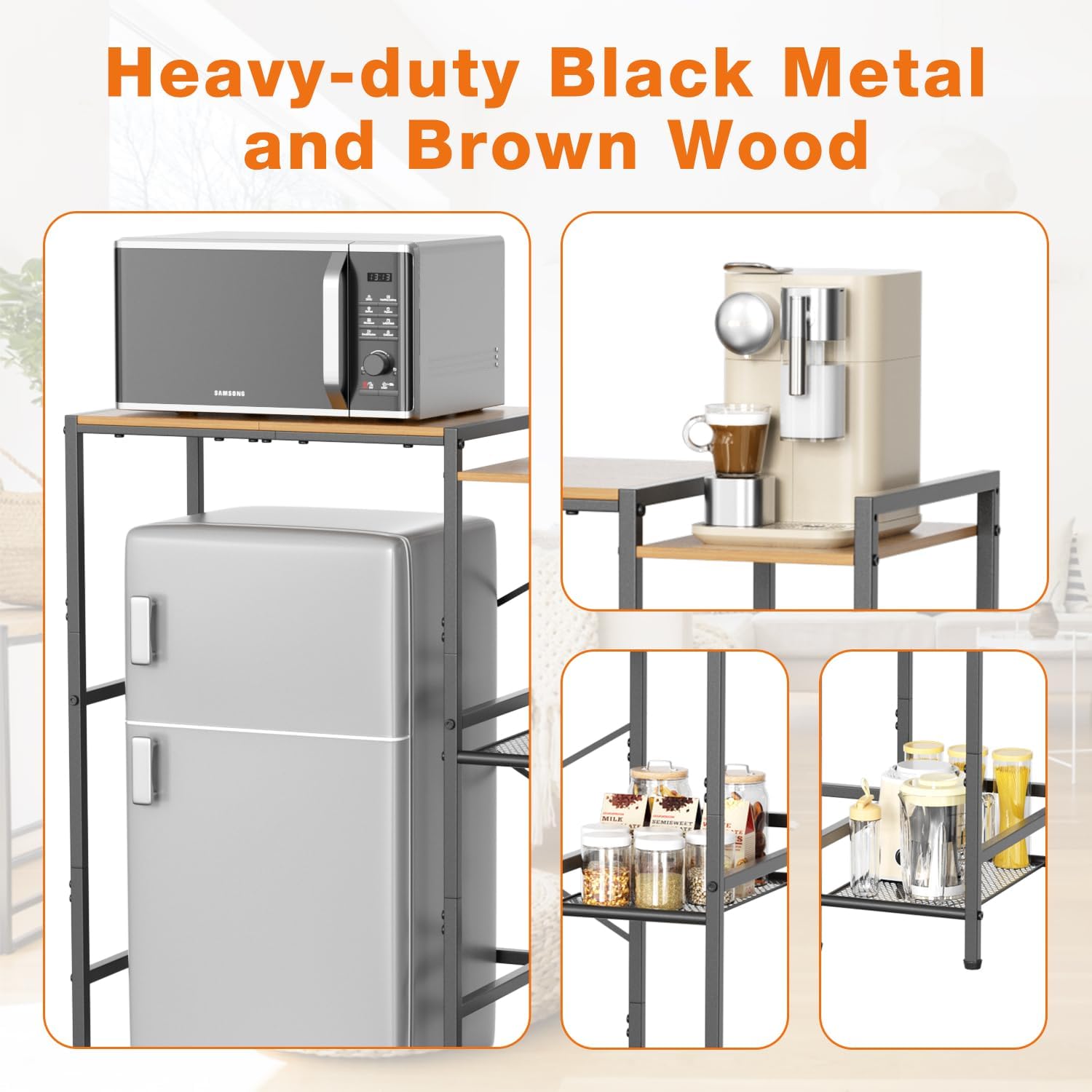 Mini Fridge Stand with Storage Shelves, Upgraded 3-Tier Mini Fridge Cabinet Stand Baker Rack for Microwave Coffee Maker Heavy Duty Metal Wood Desk For Dorm,Kitchen, Apartment, 33.4Wx15.7Dx37.2H, Brown