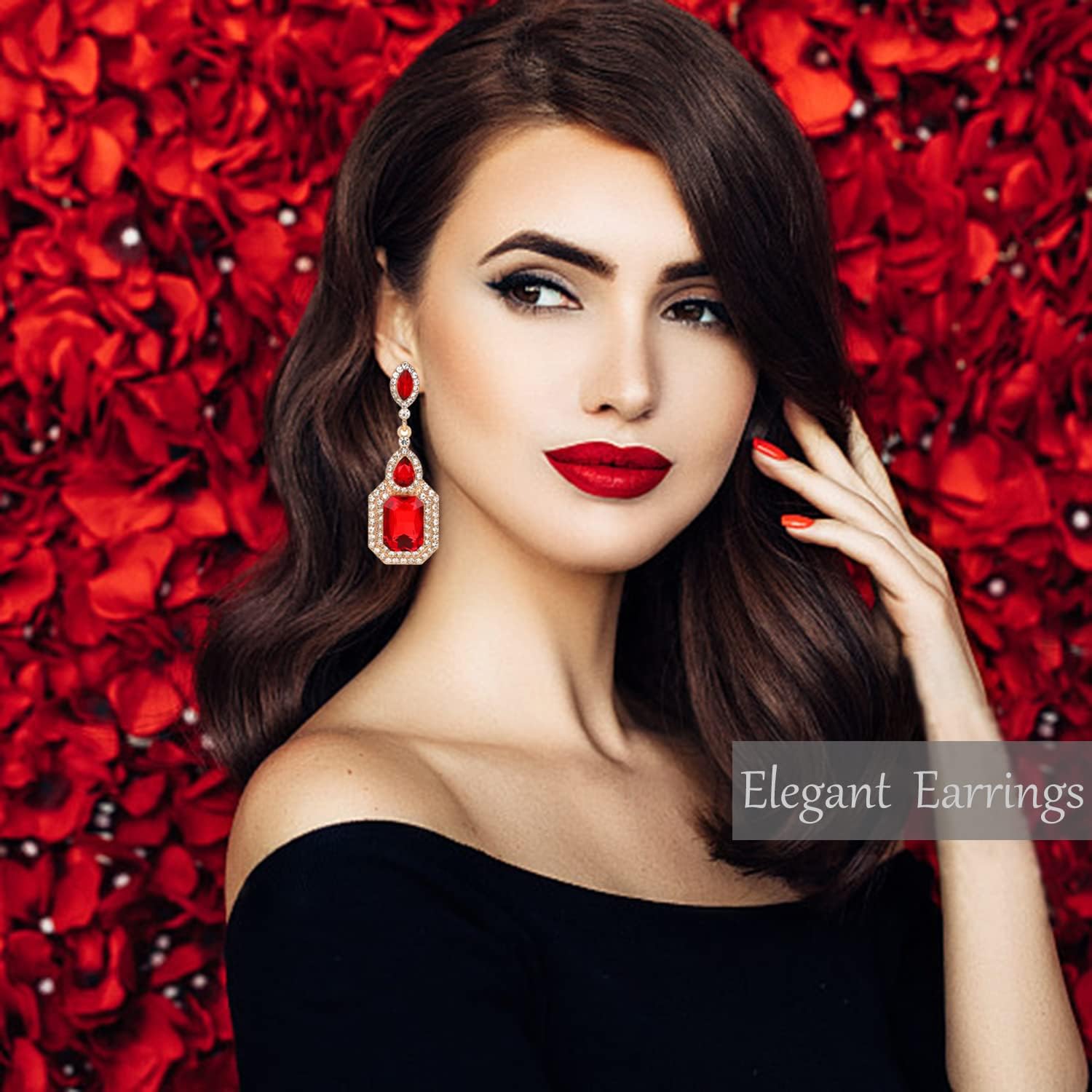 Red Rhinestone Dangle Statement Earrings Long Crystal Dangling Drop Earrings for Women