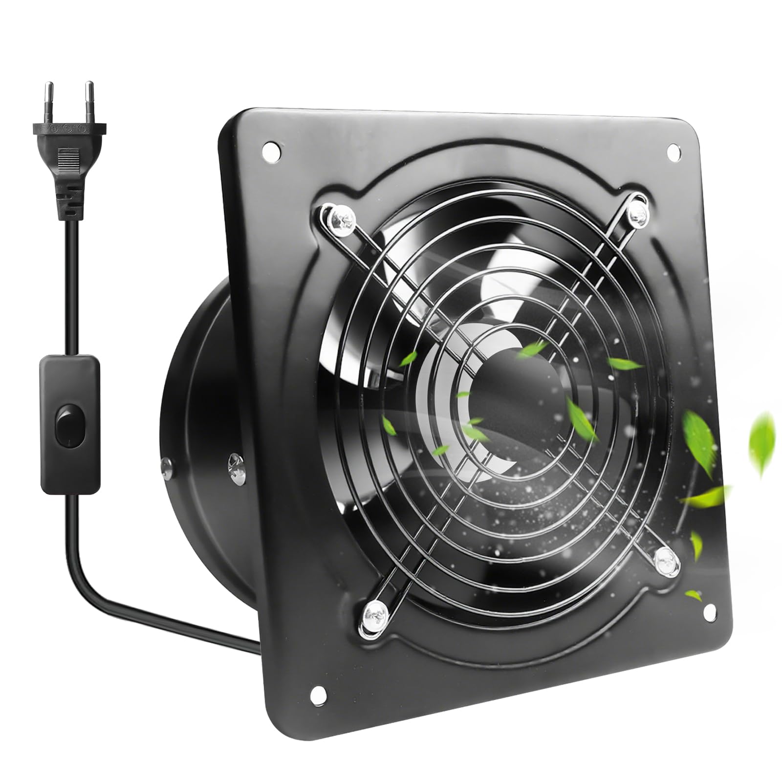 Ventilatore di scarico da 150 mm con valvola di ritorno - Potente ventilatore da bagno in acciaio inossidabile, ventilatore a parete 600 m³/h per cucina, bagno, garage, officina - Nero