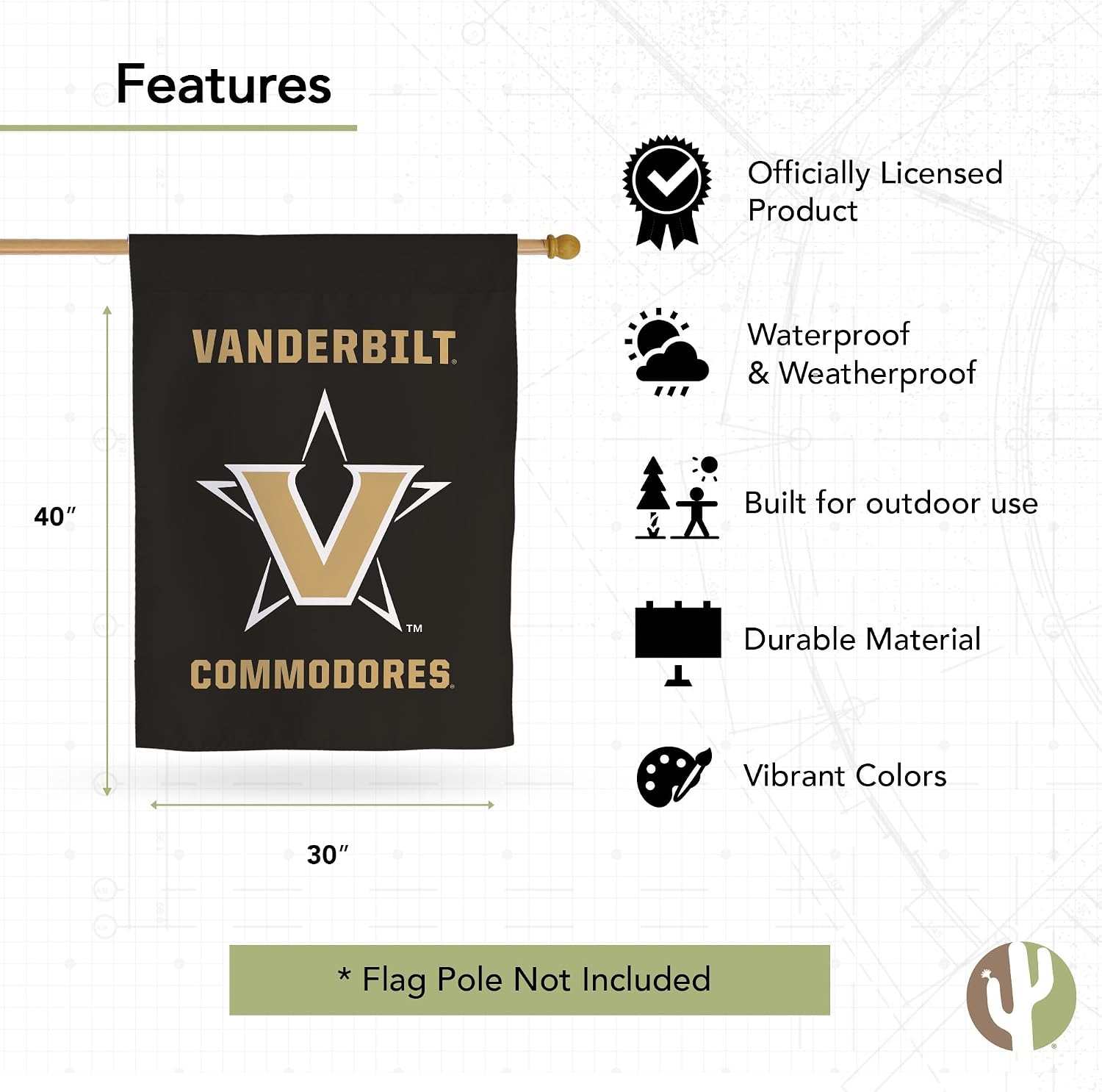 Desert Cactus Vanderbilt University Commodores Banner Flag - 40 x 30 inch Double-Sided 3-Ply Banner for Indoor/Outdoor Use, Durable College Spirit Flag (House Flag B)