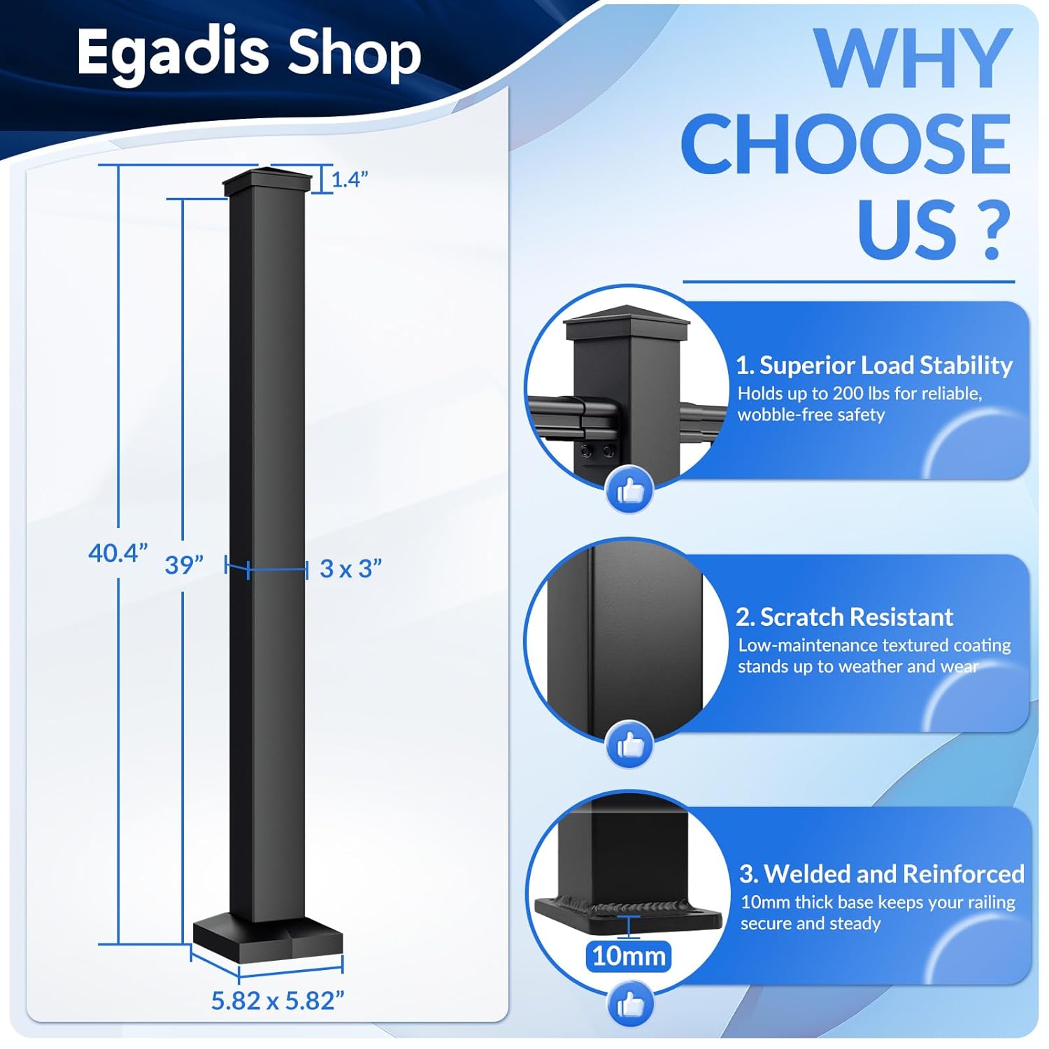 Egadis 1 Pack 3 in. x 3 in. x 39 in. Aluminum Railing Post, Porch and Deck Railing Post with Screws, Black Textured AAMA 2604 Powder-Coat Finish Stair Post for Decks, Porches & Balconies