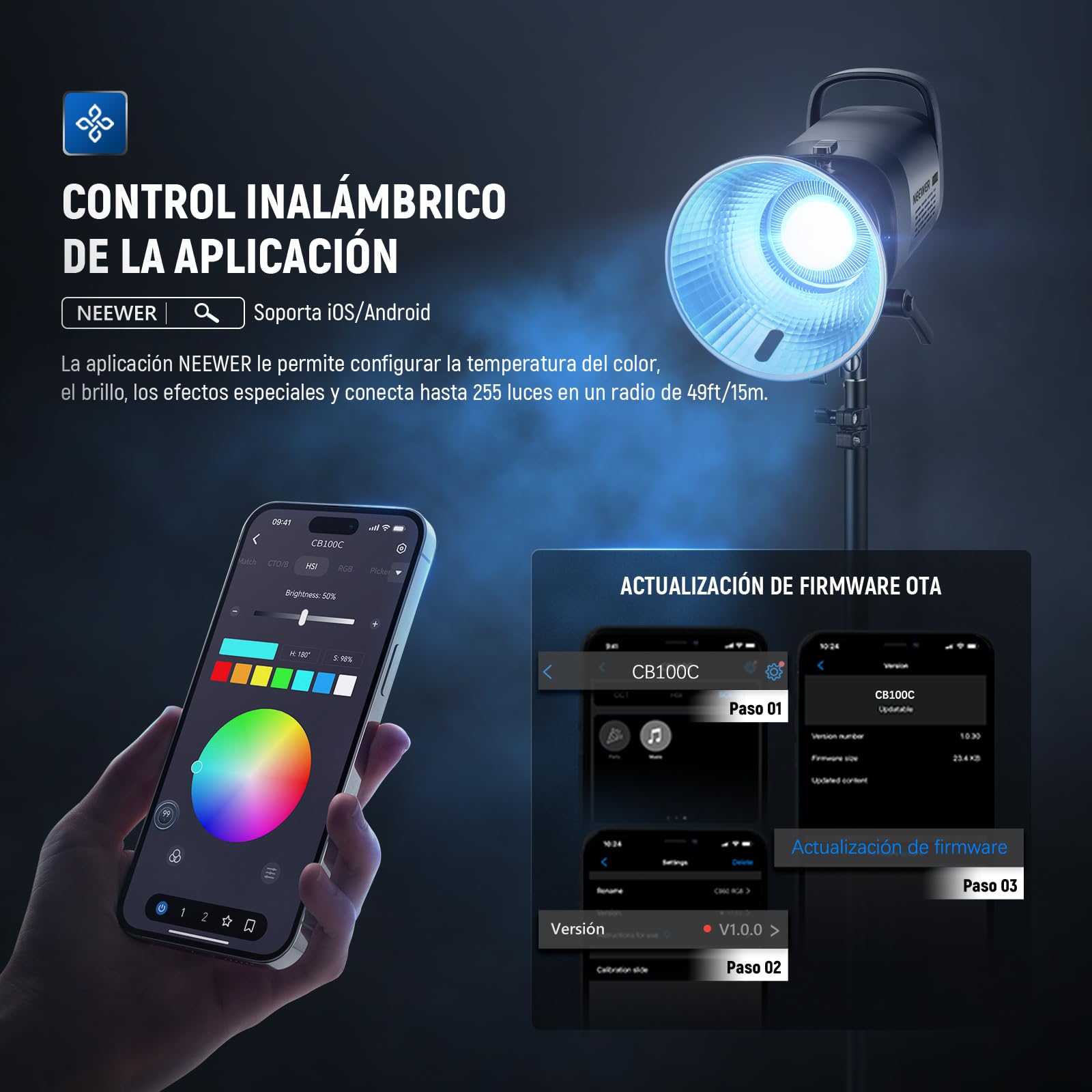 NEEWER CB100C 130w RGB LED Luz Video App/2.4G Control 360° Todo Color 2700K-6500K 27000lux/m COB Bowens Mount Foco Iluminación Lámpara Continua Silenciosa TLCI/CRI97+ 17 Escena para Estudio Fotografía