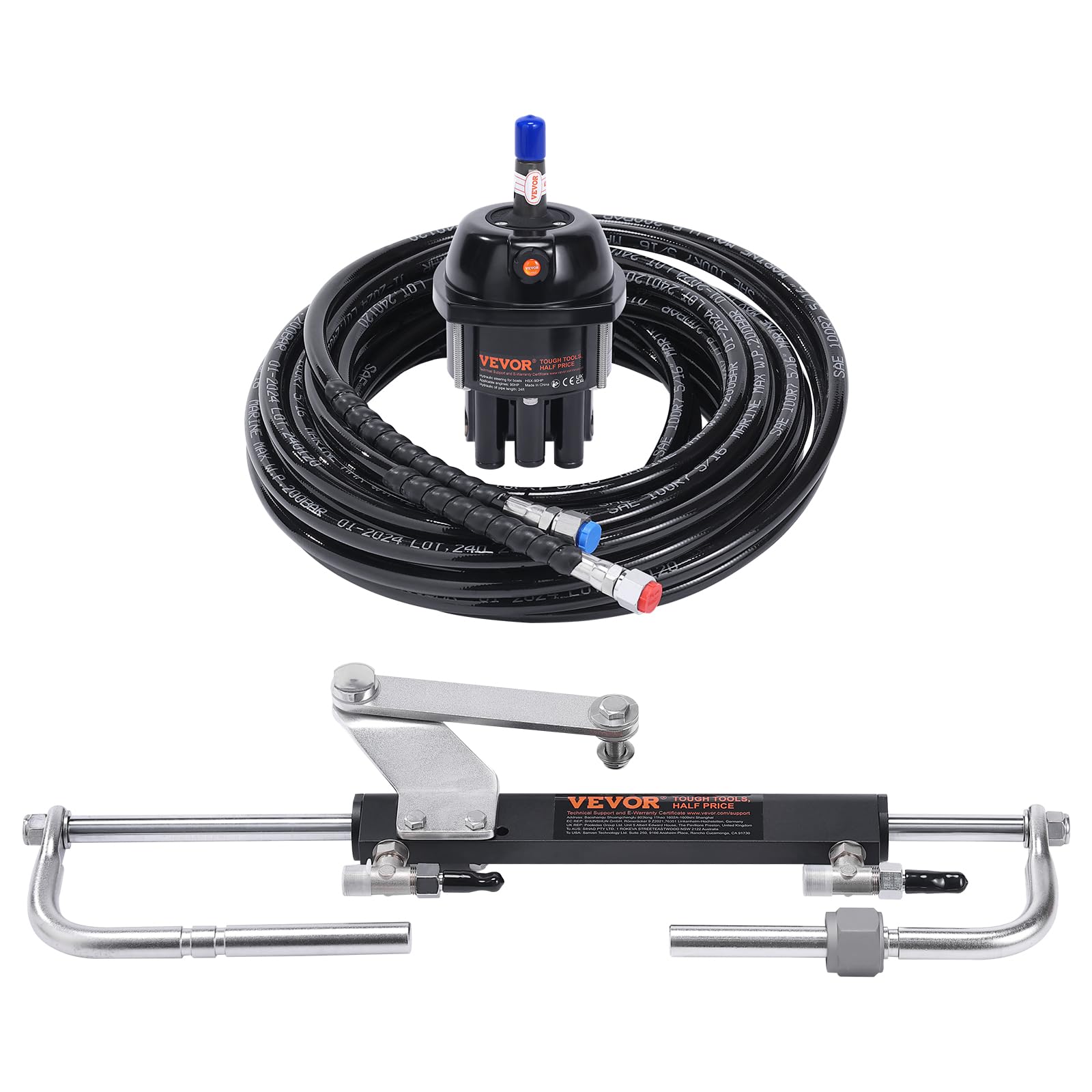 VEVOR Kit sterzo idraulico fuoribordo Sistema di sterzo idraulico marino 90HP, Pompa della barra, Tubo flessibile 24 piedi per cilindro di bloccaggio bidirezionale