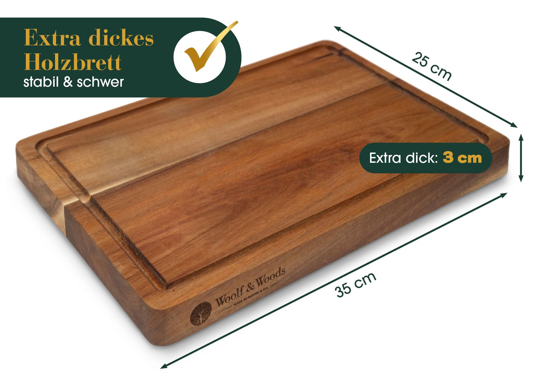 Woolf & Woods Tabla de cortar de madera, extragruesa, producto natural puro de acacia, sostenible, sin tratar, tabla de cocina y bandeja para servir, 35 cm x 25 cm x 3 cm