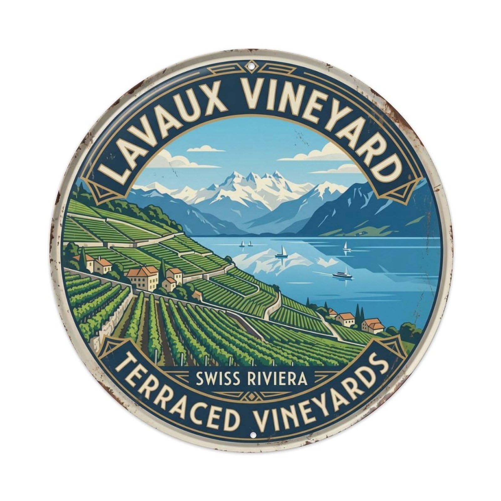 Lavaux Vineyard Terraced Switzerland Lakeside Metal Tin Sign Plaque Wall Decor for Cafe, Club Bar, Office, Home Garden Round Metal Poster 8x8Inch
