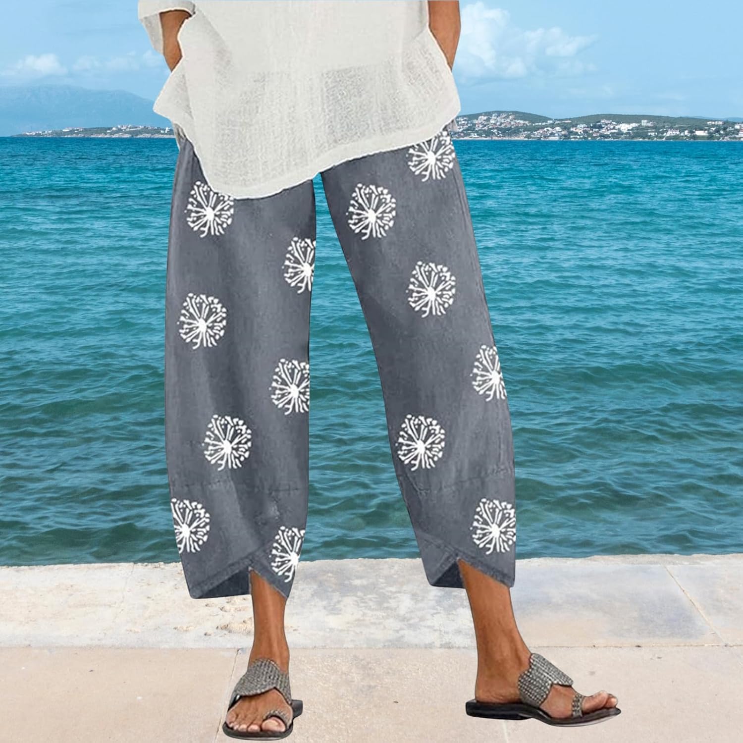 Linen Capri Pants for Womens Casual Cotton Cropped Elastic Waist Lounge Baggy Palazzo Trousers with Pockets - Image 3