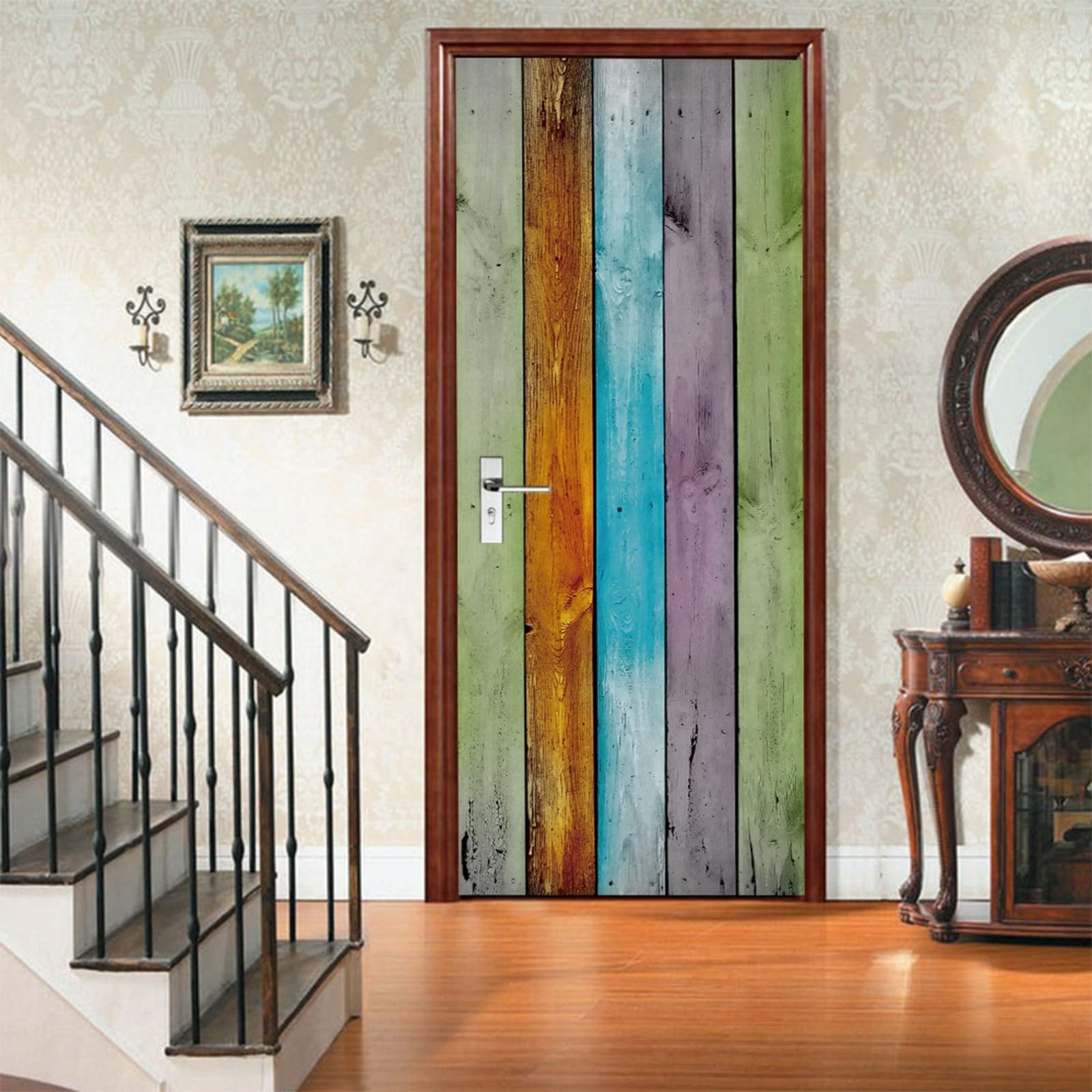 A.Monamour Adesivo Porta Autoadesiva 3D Tavole Colorate Assi Di Legno Sfondo Struttura Di Legno Vinile PVC Adesivi per Porte Interne Pellicola Adesiva Poster Murale Parete Carta da Parati 85x215cm
