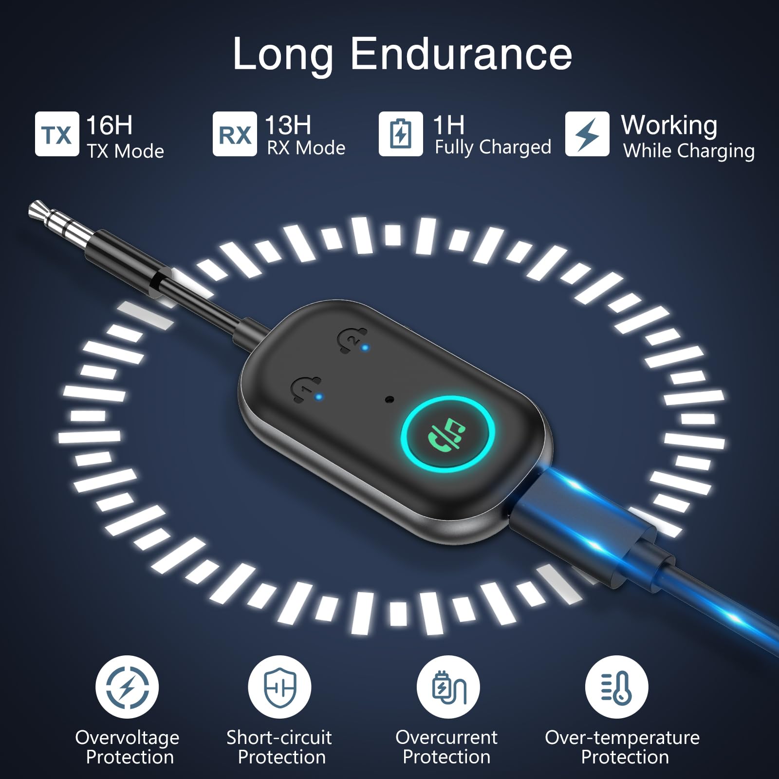 ORIA Transmetteur Bluetooth 5.3, Adaptateur Bluetooth Sans Fil Avec Avec Double Connexion, Chargement Type-C, Adaptateur Audio Bluetooth Pour Avion, Téléviseur, Ordinateur De Bureau