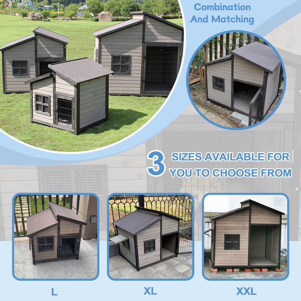 Casa per cani in legno per cani di medie dimensioni, canile per cabina di legno all'aperto con pavimento elevato, design impermeabile del portico, gambe regolabili, facile montaggio Pet Home