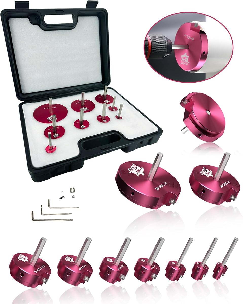 9 Pcs PVC Pipe Reamer Kit, PVC Fitting Saver, Plastic Pipe Fitting Reamer | Socket Saver Plumbing Tool Includes 1/2, 3/4, 1, 1 1/4, 1 1/2, 2, 2 1/2, 3, 4 inch for Schedule 40 Fits Standard 1/2" Drill
