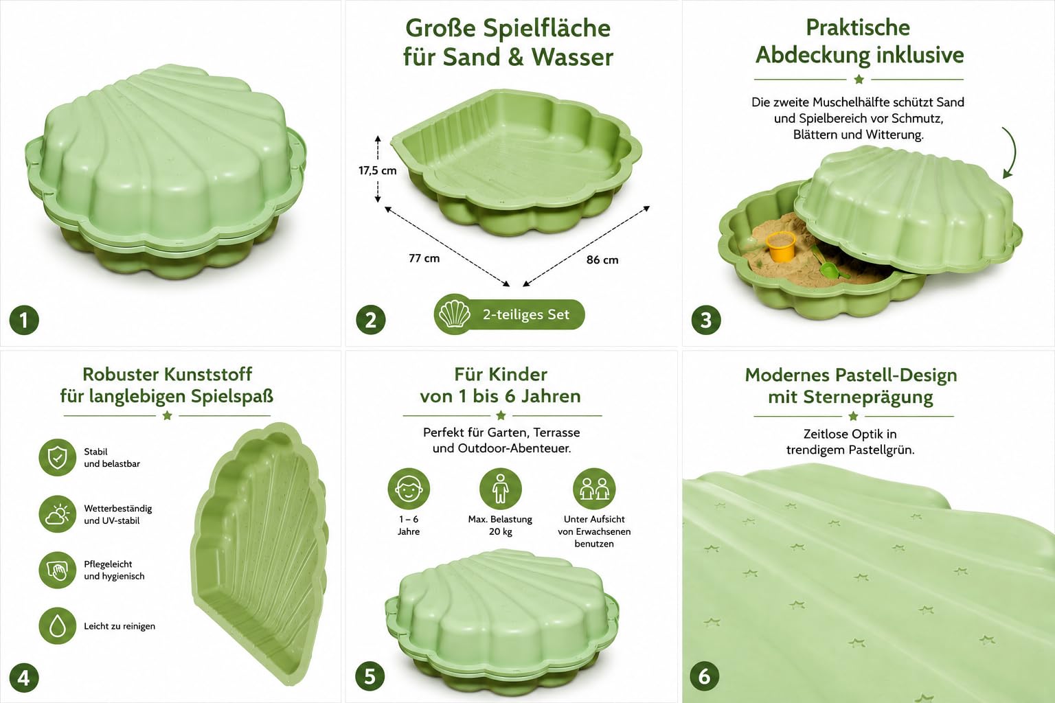 Sand- und Wassermuschel 2-teilig Pastell Grün mit Sterne-Motiv – Sandkasten & Wassermuschel für Kinder 1-6 Jahre – Muschel mit Deckel für Garten & Terrasse – 86 x 77 x 18 cm