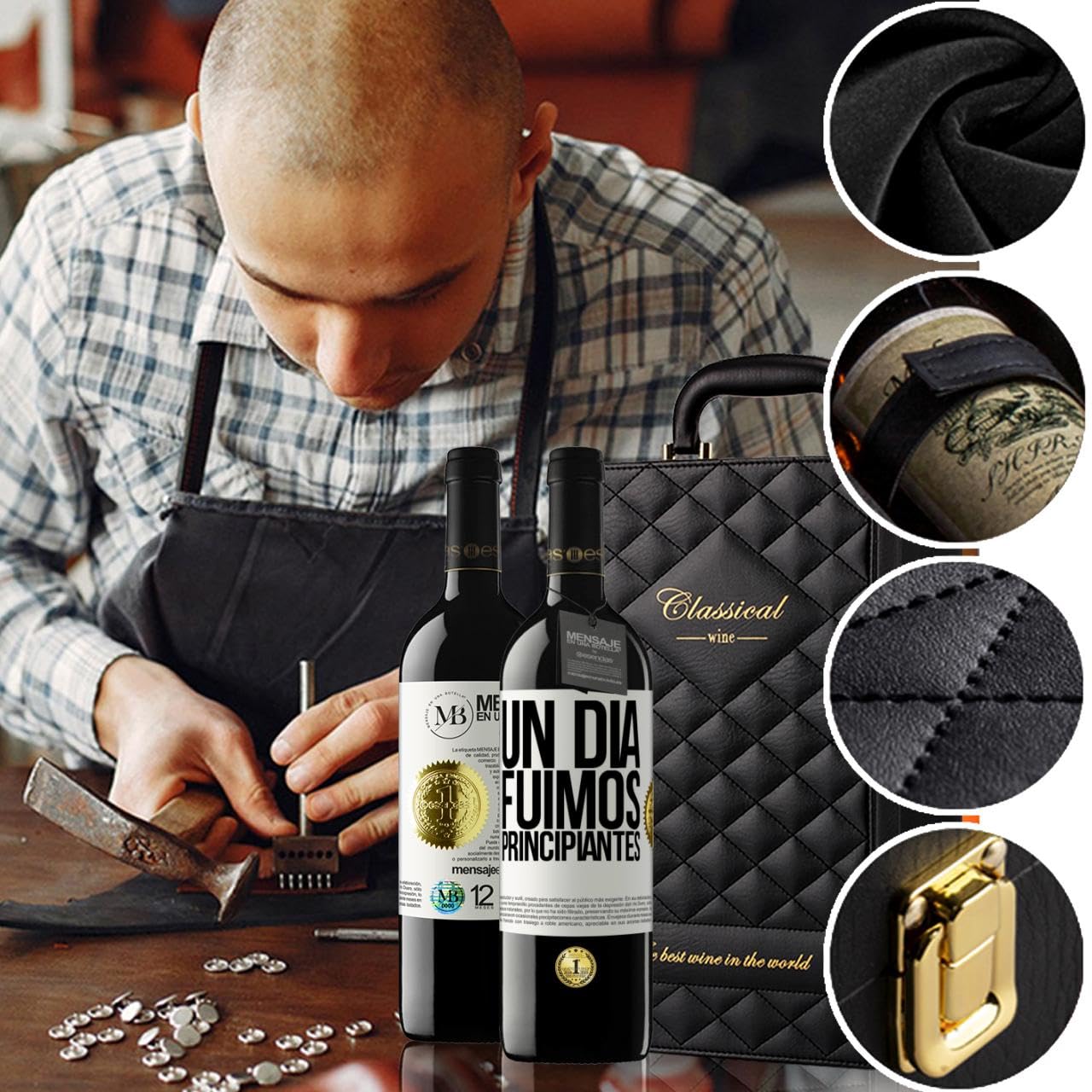 «Un día fuimos principiantes» Mensaje en una Botella. Estuche-Maletín de LUJO 2x Vino Tinto Premium Reserva 12 Meses y Set de 4 Accesorios. Etiqueta Blanca PERSONALIZABLE