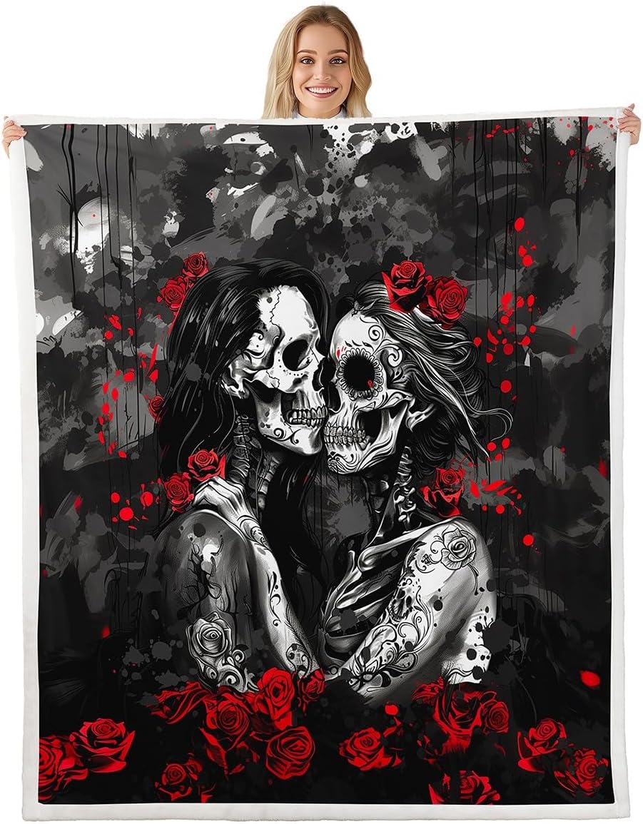 Sugar Skull Couple Sherpa Blanket 90"x90" Goth Romantic Rose Fleece Blanket,Gothic White Skeleton Lovers Flower Love Heart Fuzzy Plush Throw for Halloween Adults Sofa Couch Travel Camping Decor