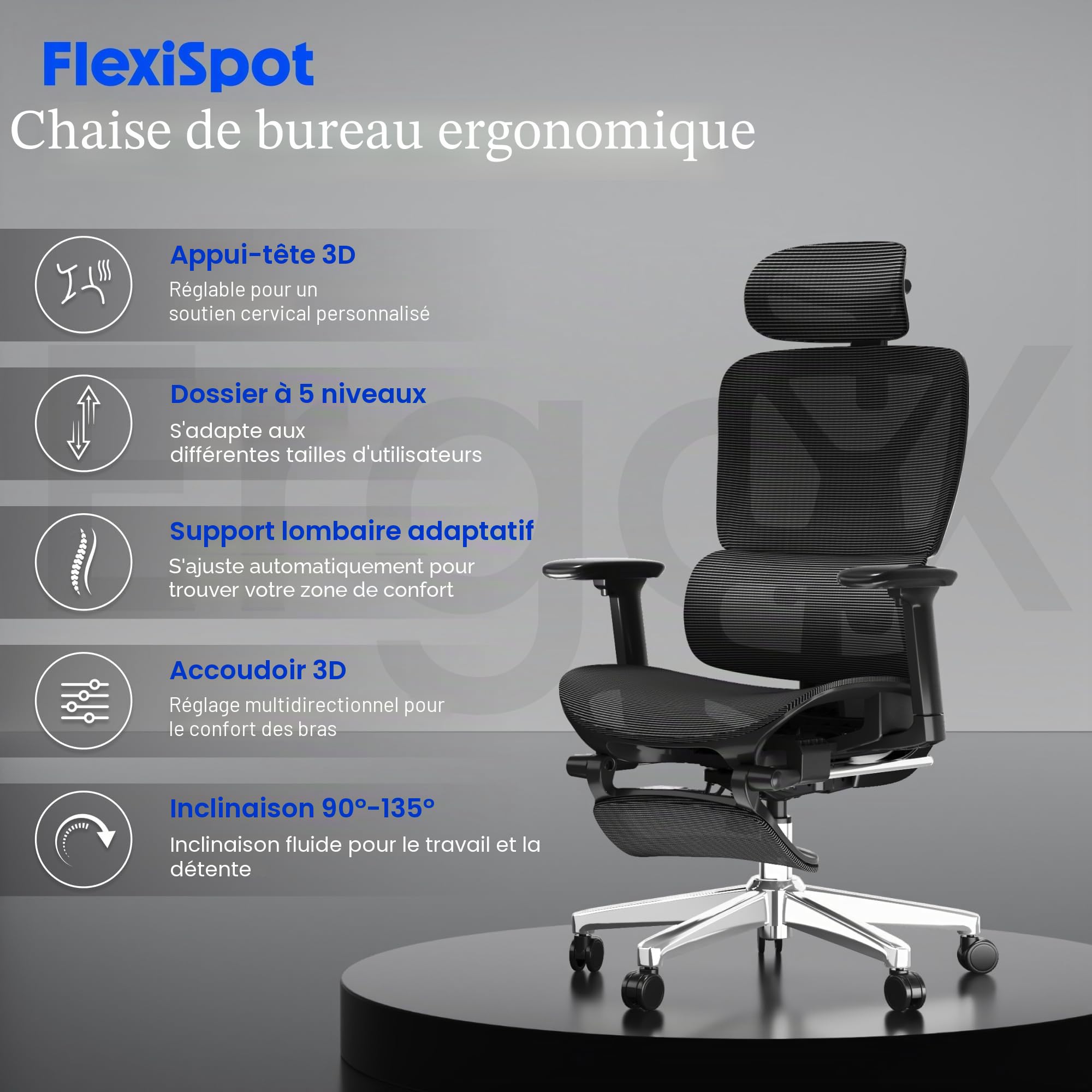 FLEXISPOT ErgoX Chaise Bureau avec Repose-Pieds, Accoudoirs 3D, Chaise de Bureau Ergonomique en Maille Pivotante, Réglable en Hauteur avec Appuie-tête et Soutien Lombaire Indépendant, Noir
