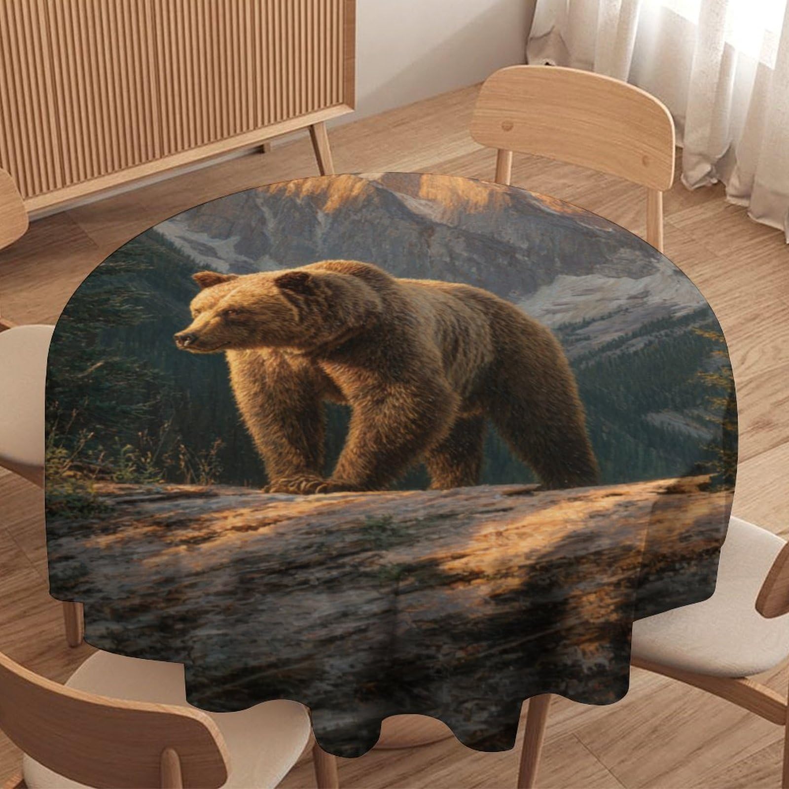 LUYYSKY Classic Rustic Animal Bear Round Tablecloth Modern Natural Mountain Woodland Landscape Black Bear Pattern Washable Decor for Table Cover for Kitchen-127 Wx127 L cm