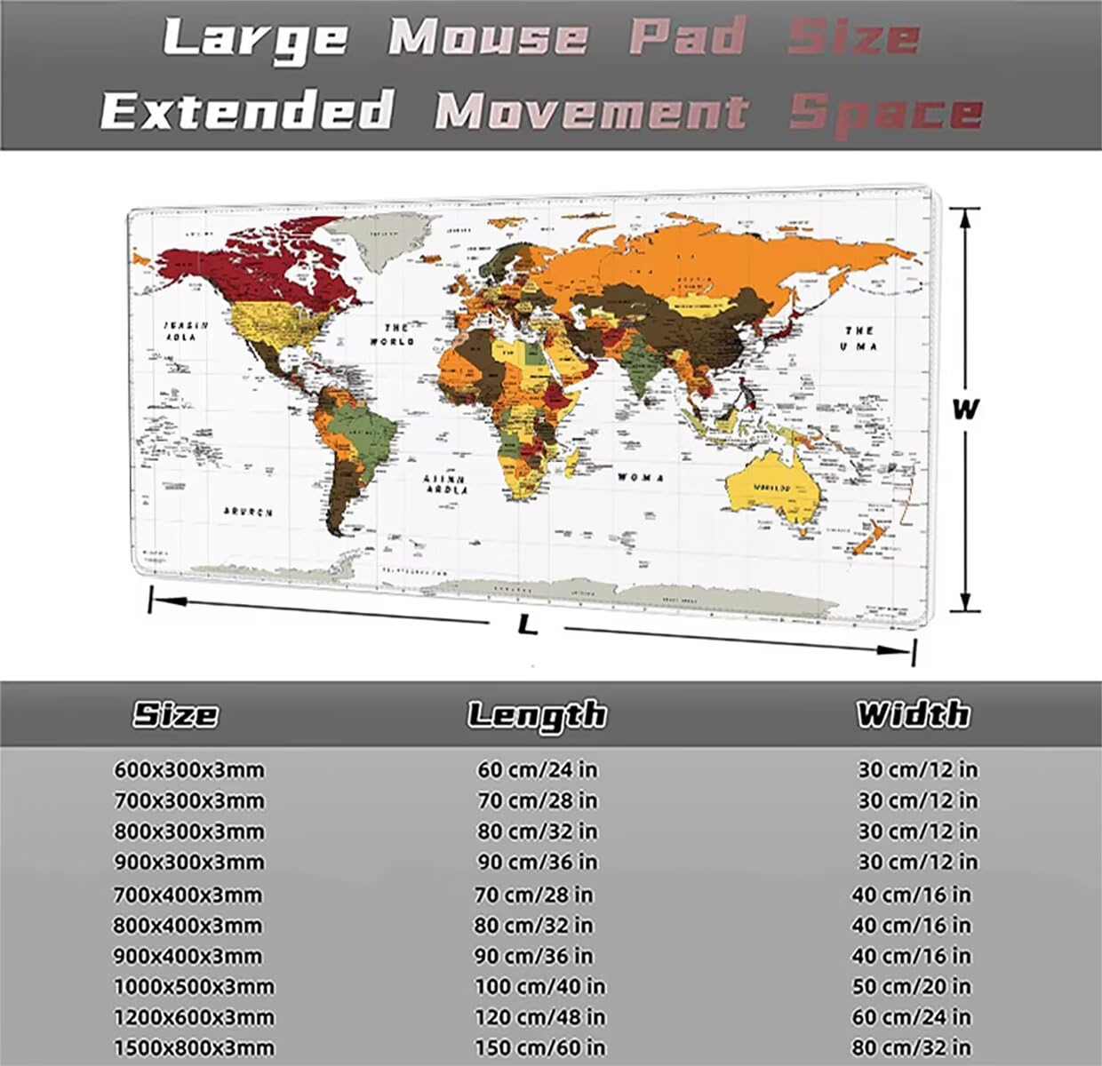 Alfombrilla Ratón Gaming XXL, Gaming Mouse Pad 1500x800x3mm, Protector Escritorio Antideslizante, Alfombrilla de Ratón Mundo Mapa Mousepad Grande, Tapete Raton para Jugadores de PC Oficina LMDT2434