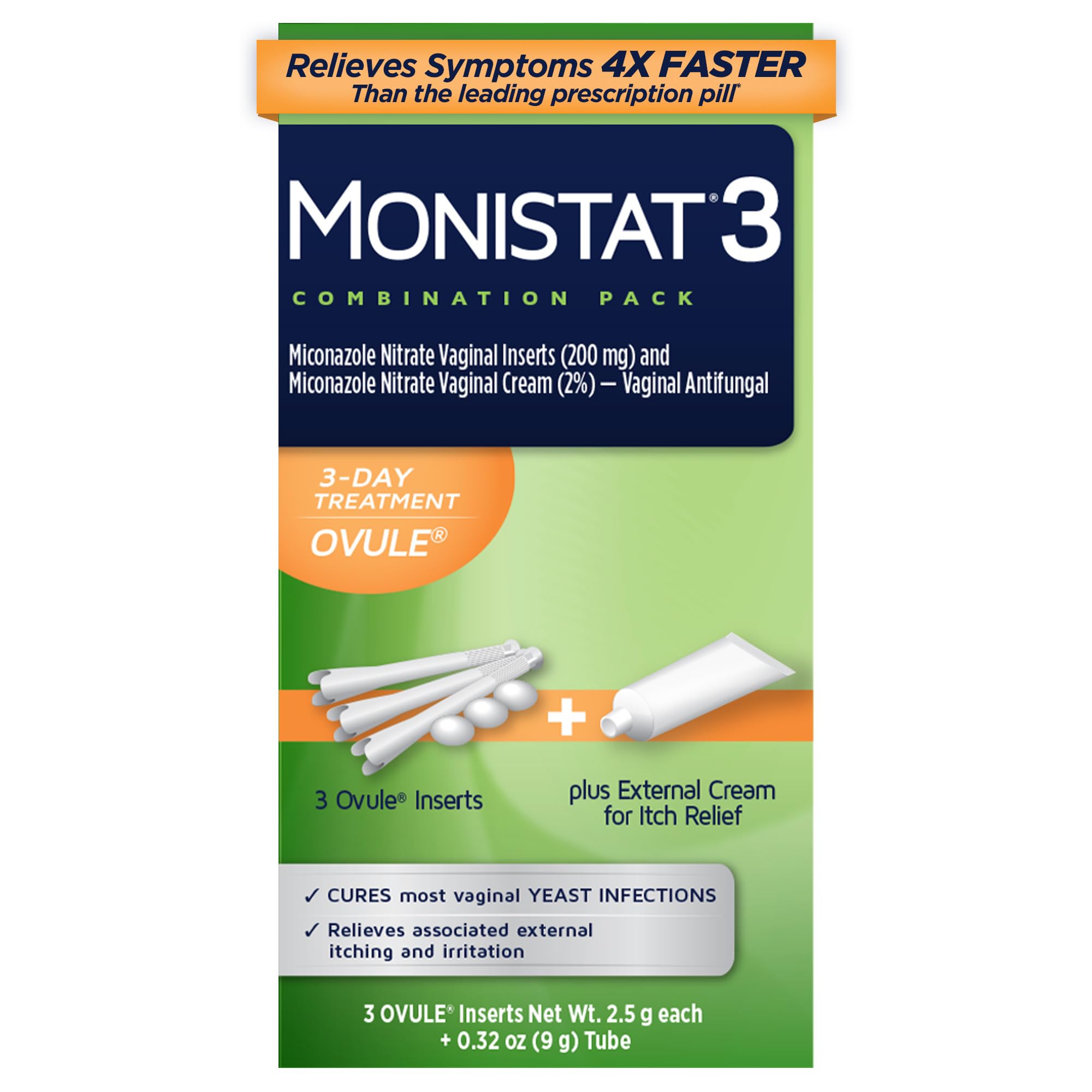 MONISTAT 3-Dose Yeast Infection Treatment For Women, 3 Ovule Inserts & External Itch Cream