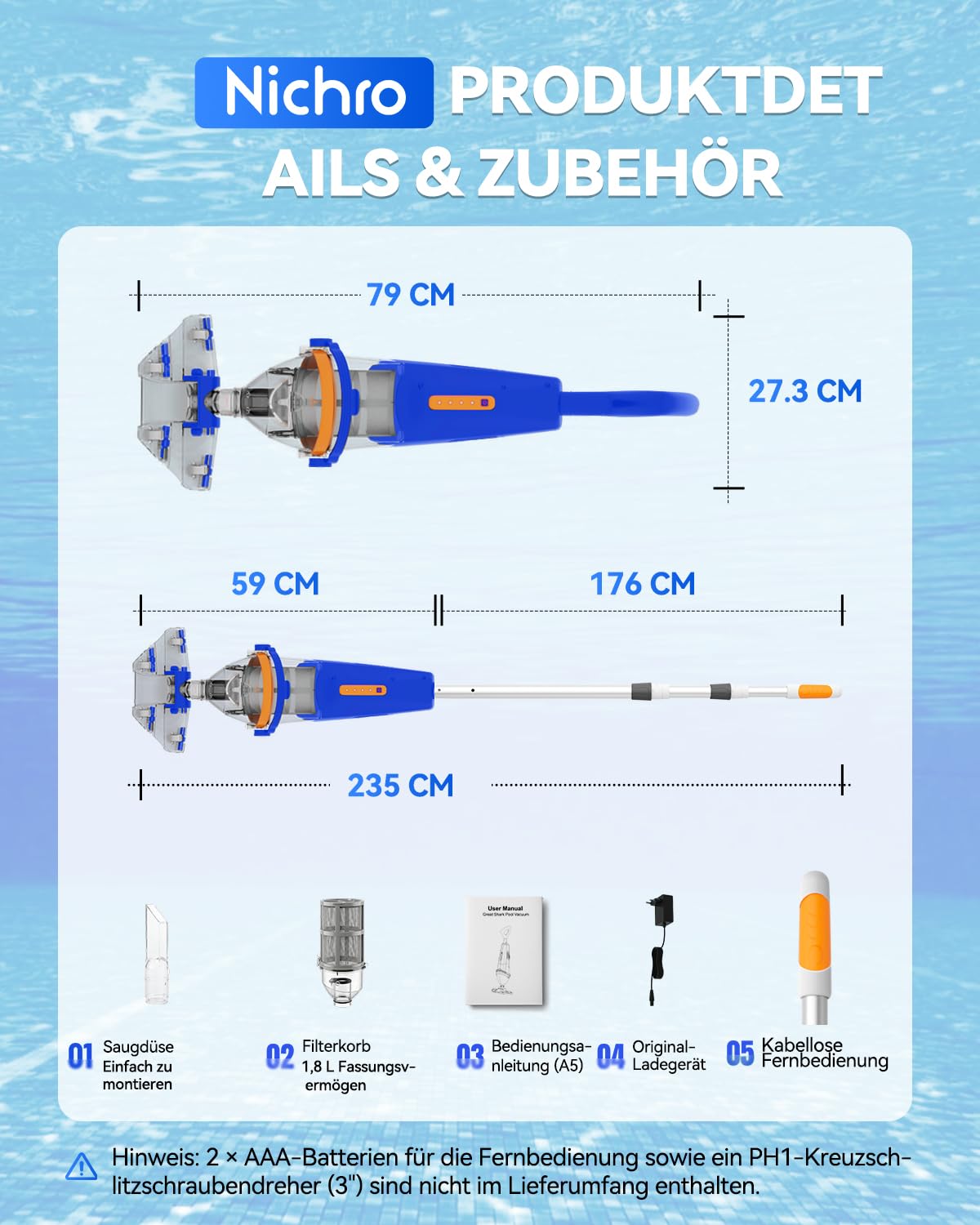 Aspirapolvere per piscina a batteria con telecomando sul manico telescopico, senza fili, con asta telescopica da 176 cm, durata di 75 minuti, potenza di aspirazione 4200 l/h, 2 testine di aspirazione
