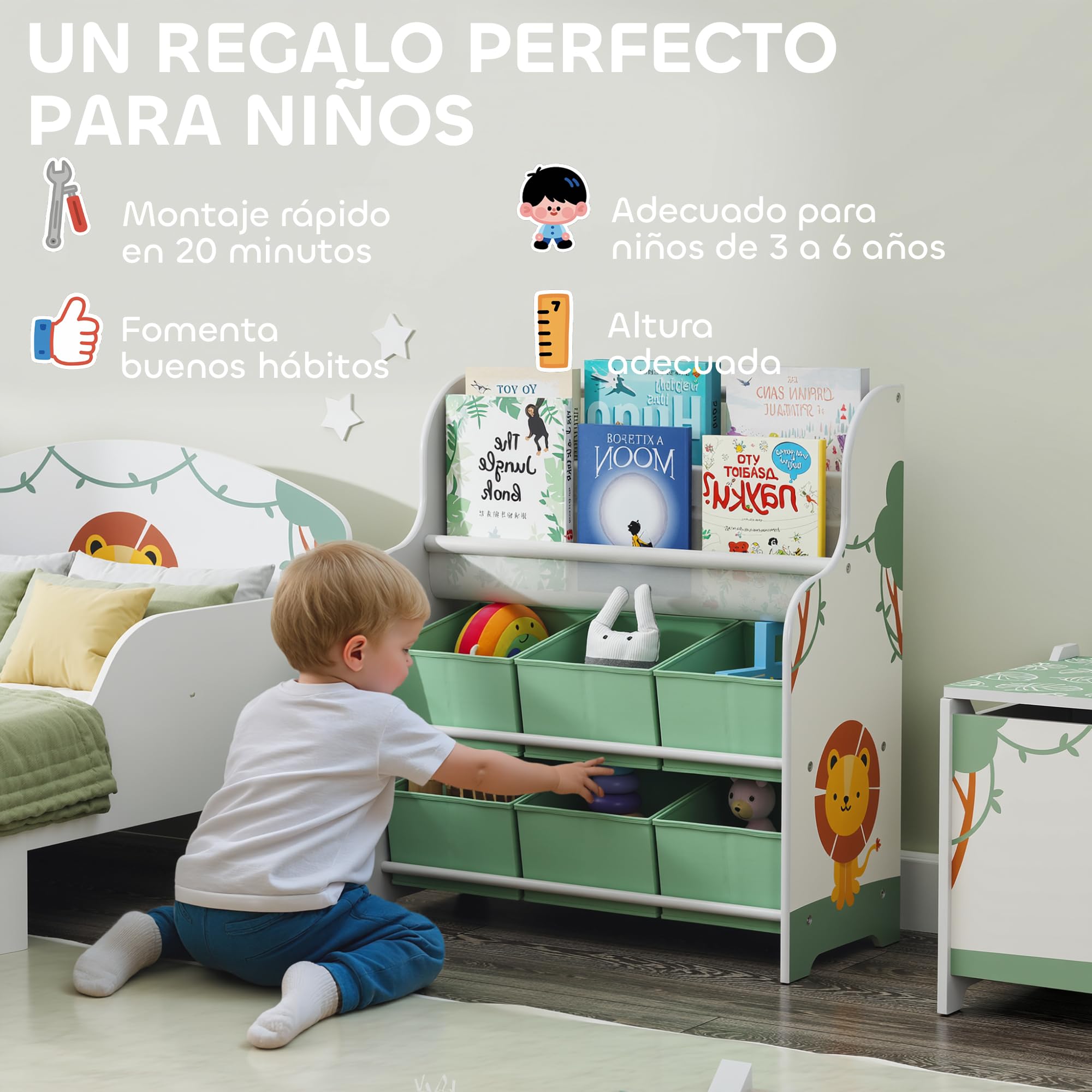 AIYAPLAY Estantería Infantil para Juguetes, con 6 Cajas Extraíbles de Tela no Tejida, Organizador de Juguetes con 2 Estantes, para Habitación Infantil, Sala de Juegos, Guardería, 63x30x71 cm, Verde