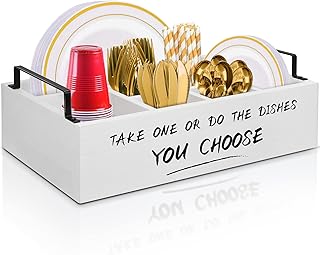 Ameuphercy Wood Paper Plate Holders for Kitchen Counter,Paper Plate Dispenser for Countertop, Rustic Silverware Utensil Caddy for Party,Wooden Plate Organizer Box for Cups Spoons and Forks