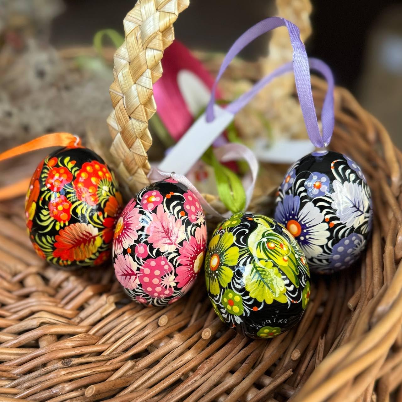Exclusive Hand-Painted Ukrainian Easter Eggs Wooden with Floral Patterns 6,5 cm / 2,6 inch х 5 pcs Set Pysanka Folk Art Hanging Ornaments