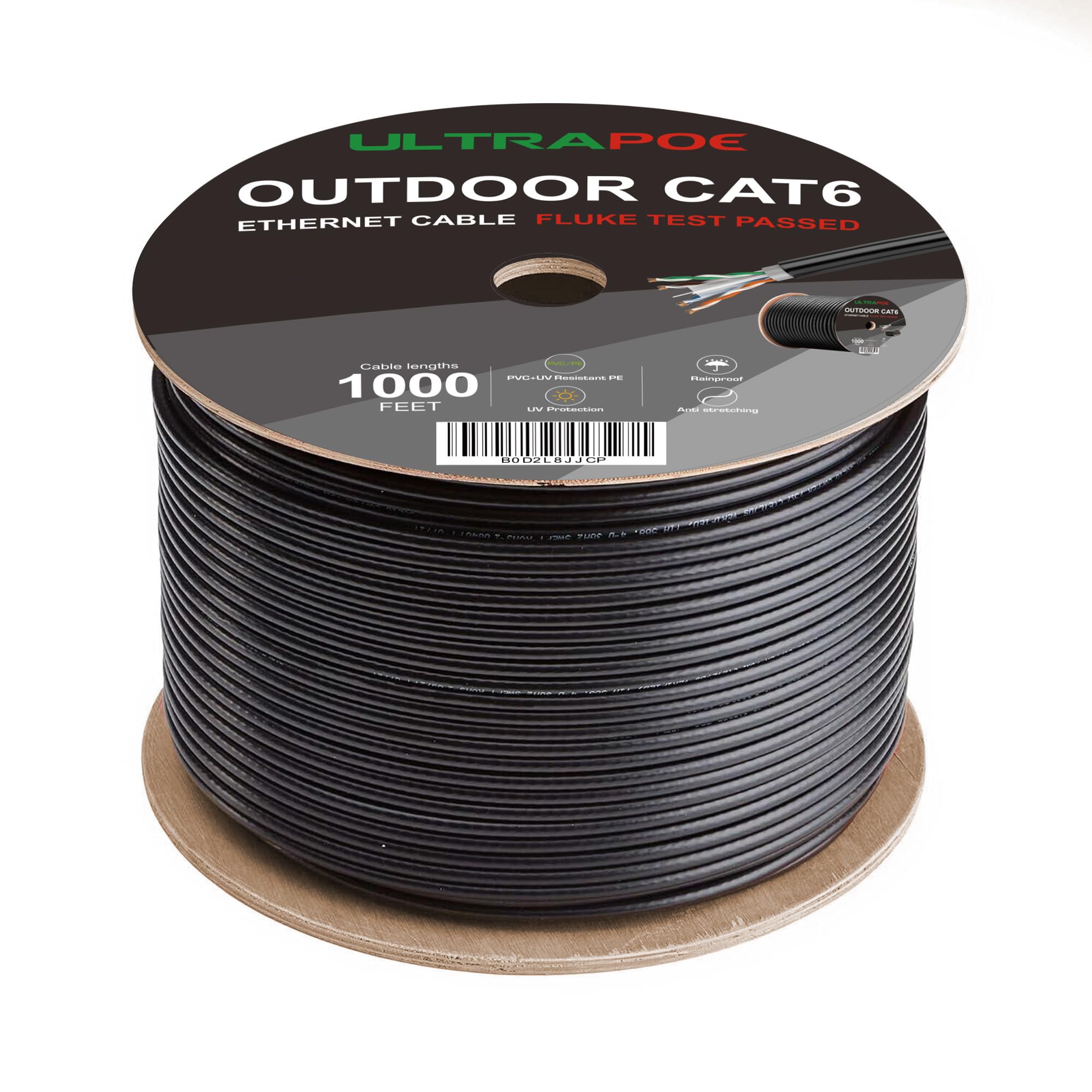 Cavo Ethernet da esterno Cat 6 a discarica diretta da 304,8 m, impermeabile, resistente ai raggi UV, rame nudo massiccio 23 AWG, 550 MHz, PoE++ (4PPoE), UTP non schermato, CMX, asse di rete