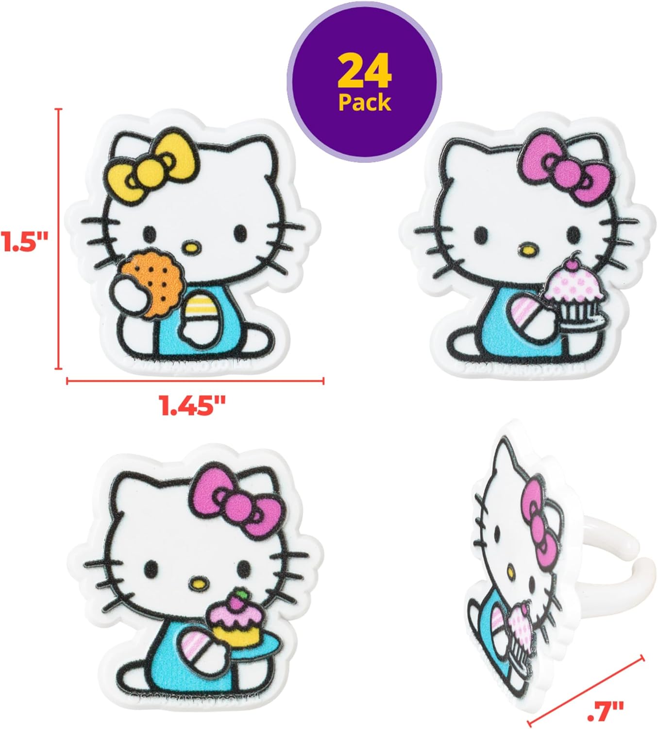 DecoPac Hello Kitty® Rings, Cupcake Decorations Featuring Hello Kitty and Mimmy, Pink And Yellow - 24 Count (Pack of 2)