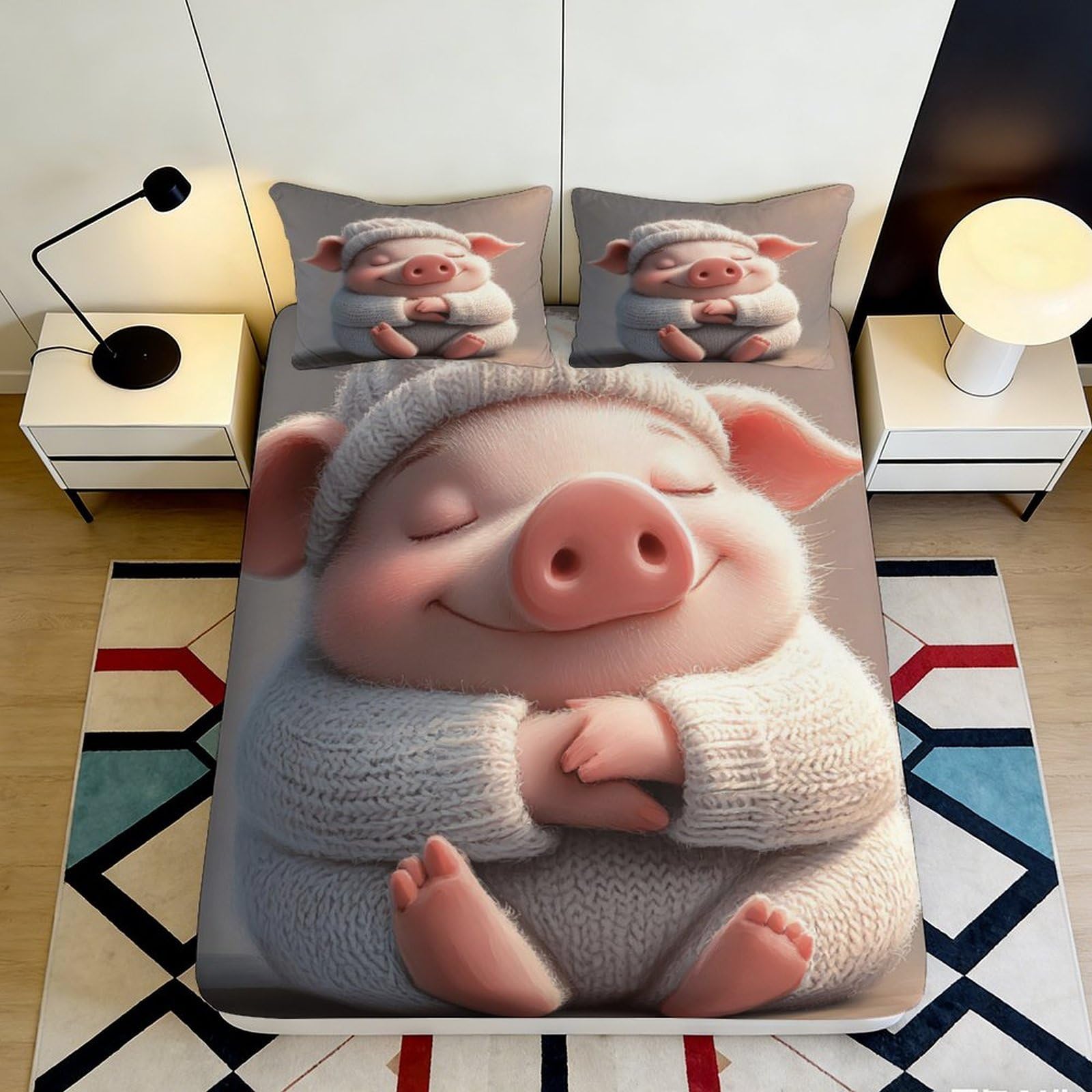 3D Printed Cute Piglet Fitted Sheet Microfiber Soft Breathable Cartoon Animal Bed Cover for Bedroom Dormitory Guest Room Mattress Protection 120x200x25cm