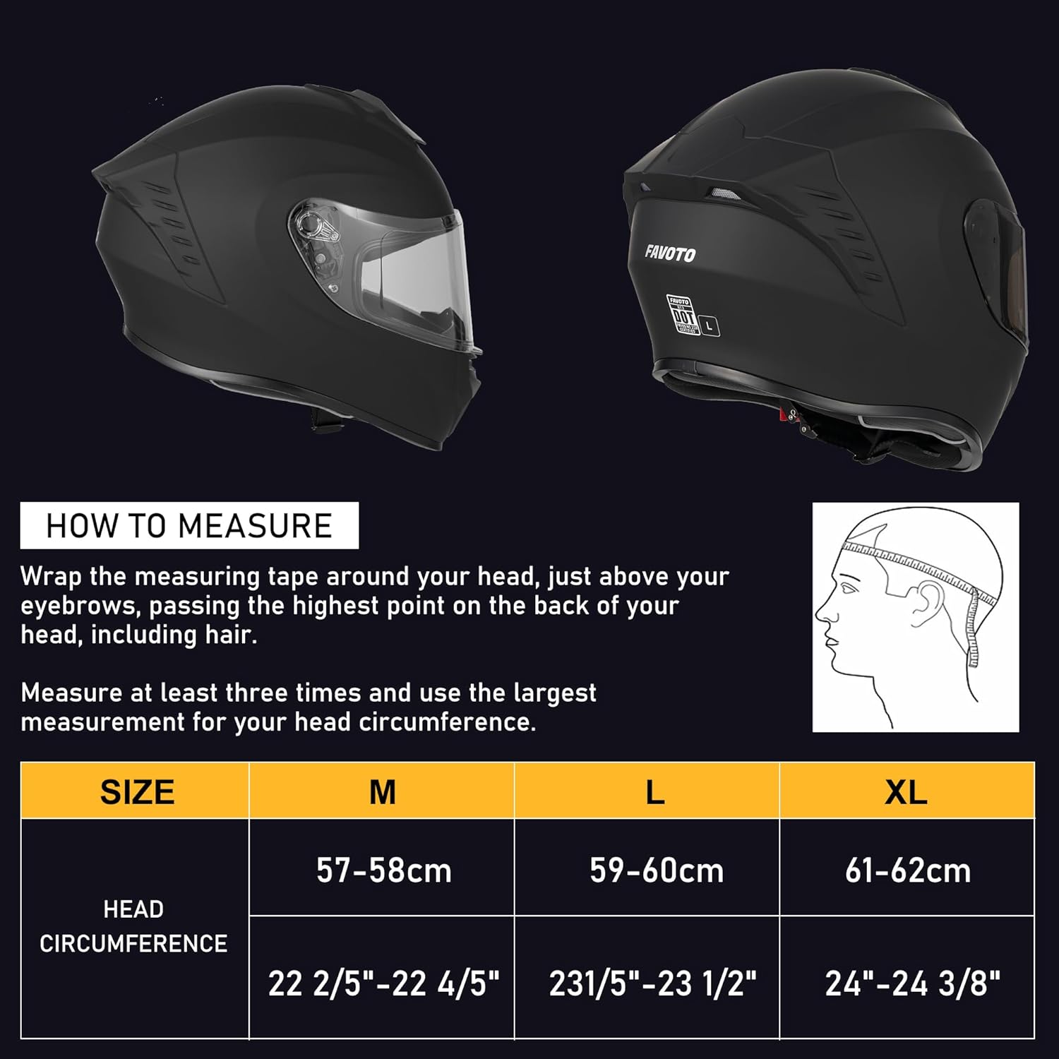 Favoto Motorcycle Full Face Helmet, DOT Approved Matte Black Helmets with Anti-fog Film for Men Women