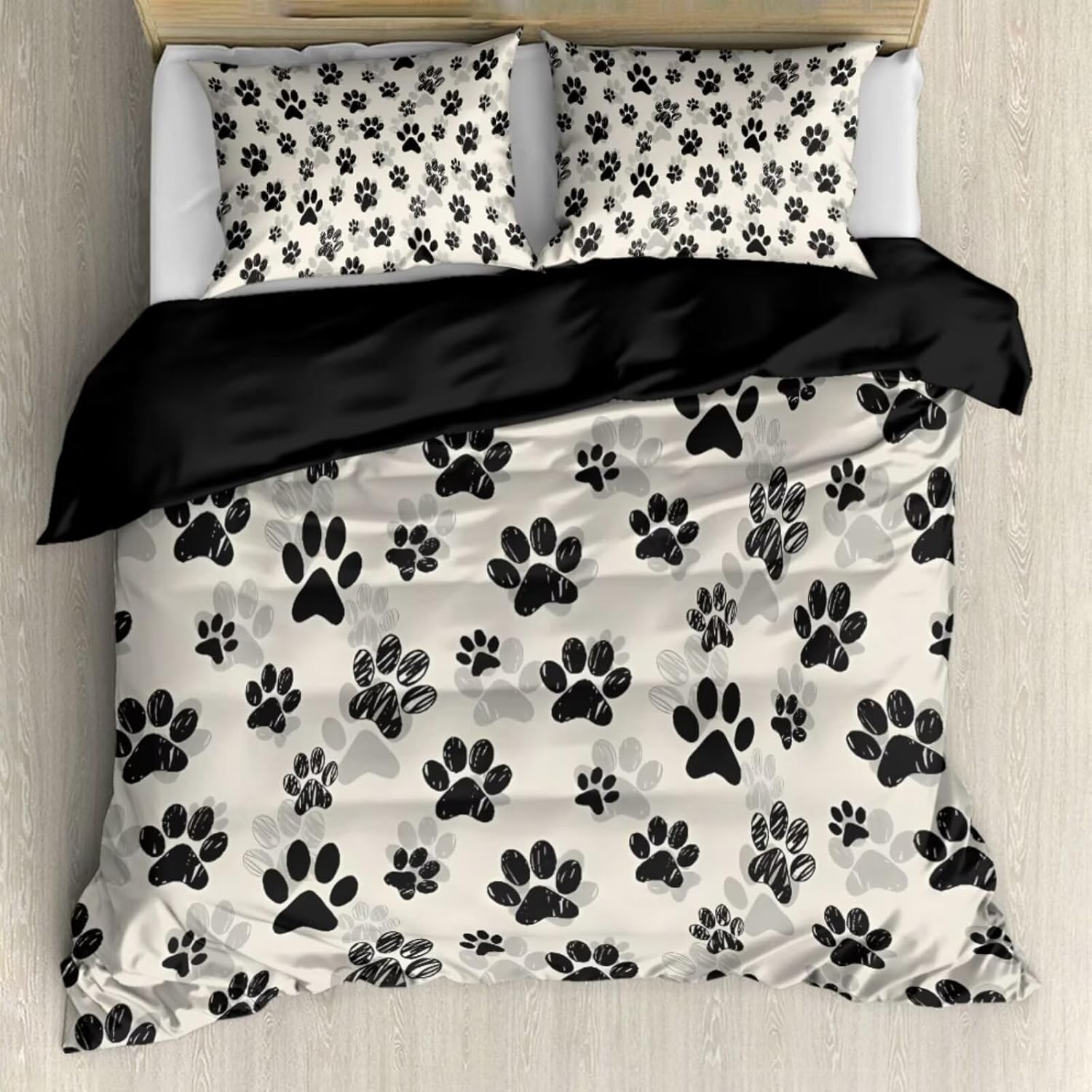 Lovely Dog Paw Duvet Cover Queen, Cute Black Puppy Paw Bedding Set Animal Theme Comforter Cover Beige Bedding Sets for Kids Boys Girls with 2 Pillow Sham