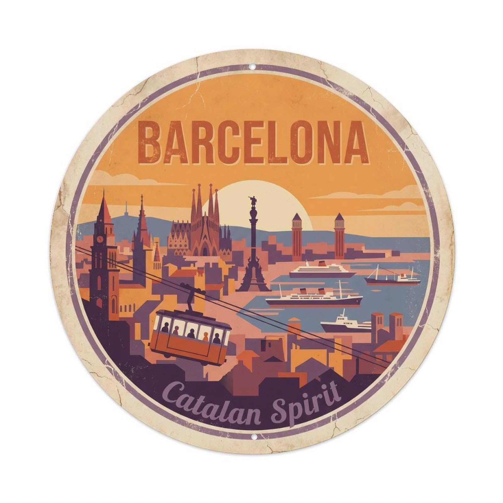 Vintage Travel Barcelona Cityscape Catalonia Metal Tin Sign Plaque Wall Decor for Cafe, Club, Garden Round Metal Poster 8x8Inch