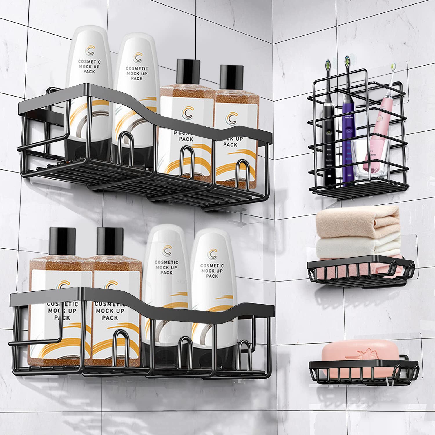 VIRILL 5 Pack Shower Caddy Stainless Steel Adhesive Shower Shelf Large Storage Bathroom Organizer No Drilling Rustproof Wall
