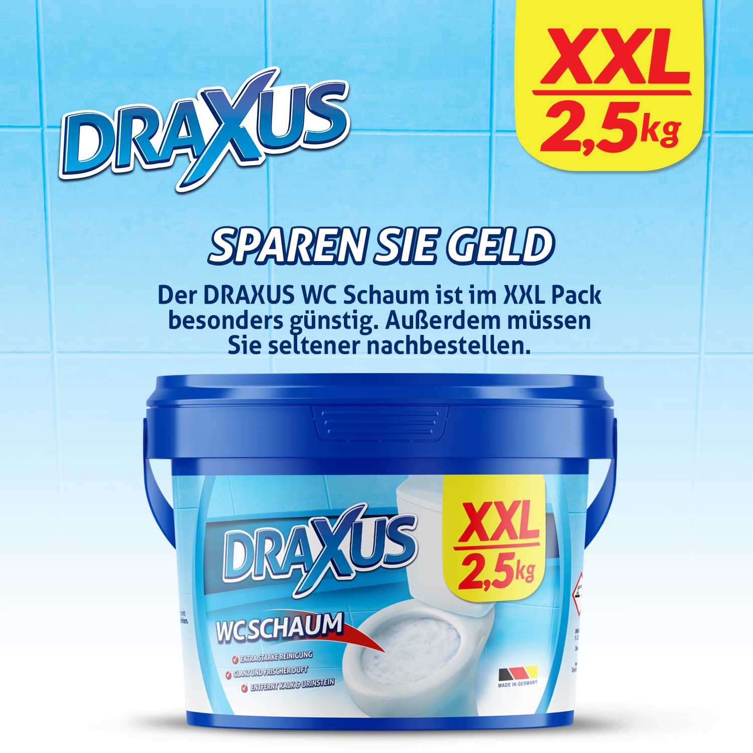 DRAXUS WC Schaum im XXL Pack (2,5kg), Extra Stark, WC Reiniger entfernt kraftvoll Kalk & Urinstein, Sorgt für Glanz und frischen Duft
