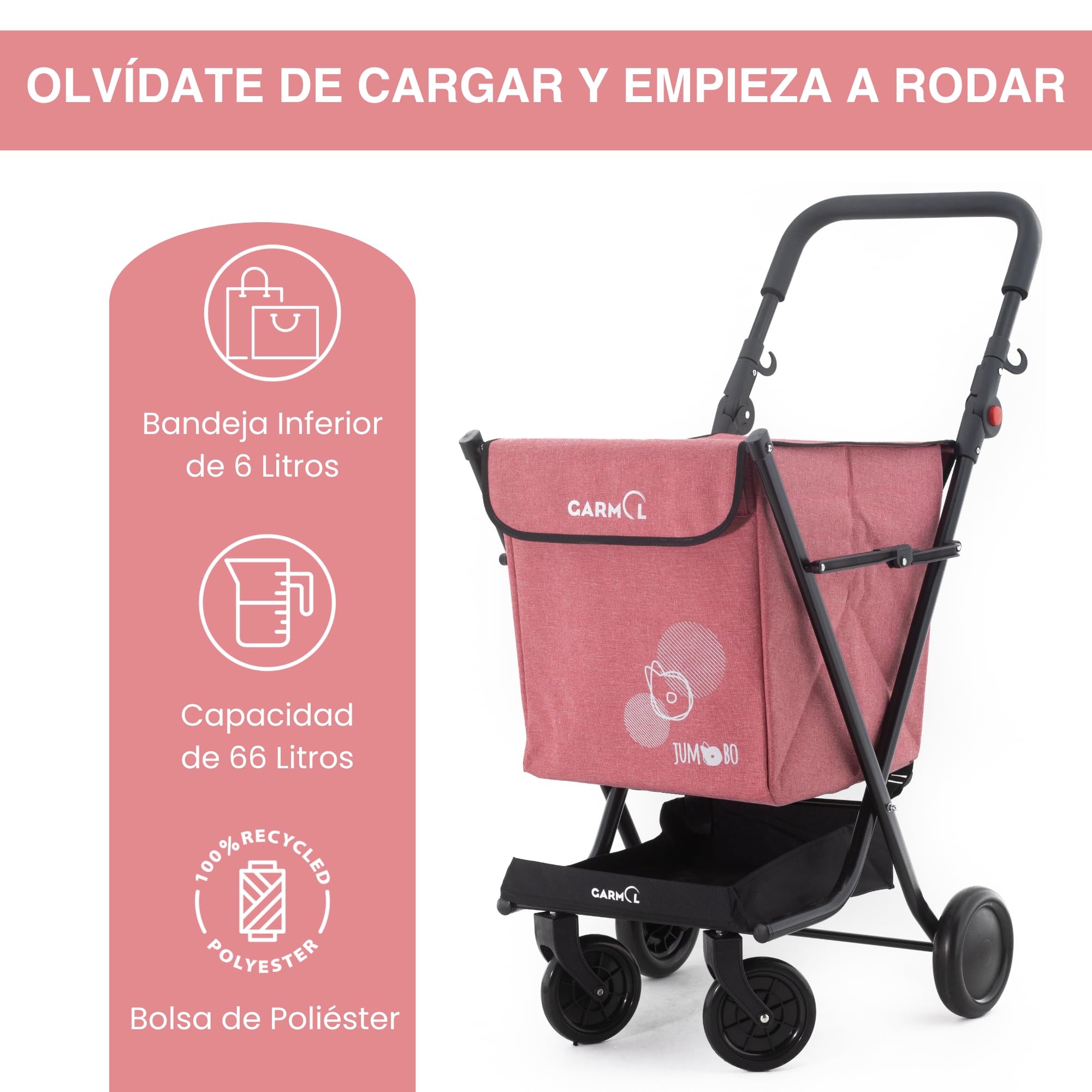 GARMOL Carro de la Compra Plegable 66 litros | Carro de la Compra 4 Ruedas Gran Capacidad | Carrito Compra 4 Ruedas Plegable Color Rojo