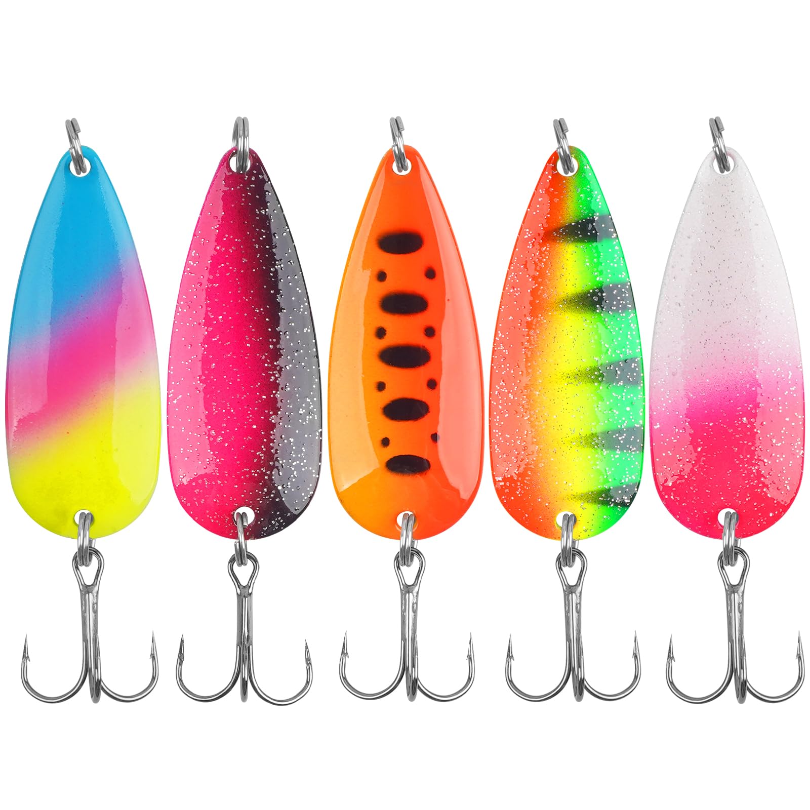 Fishing Spoons Fishing Lures Kit, 5pcs Metal Jigging Casting Lure Trolling Spoon with Treble Hooks for Trout Salmon Bass Walleye Trout Saltwater Freshwater Tackle Box (7g-5pcs)