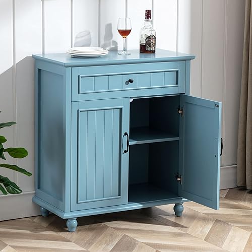 Miniatura 3 de UEV Gabinete de bufé, gabinete de cocina con almacenamiento, aparador azul con 2 puertas y cajones, mesa de consola de bufé para comedor, cocina y