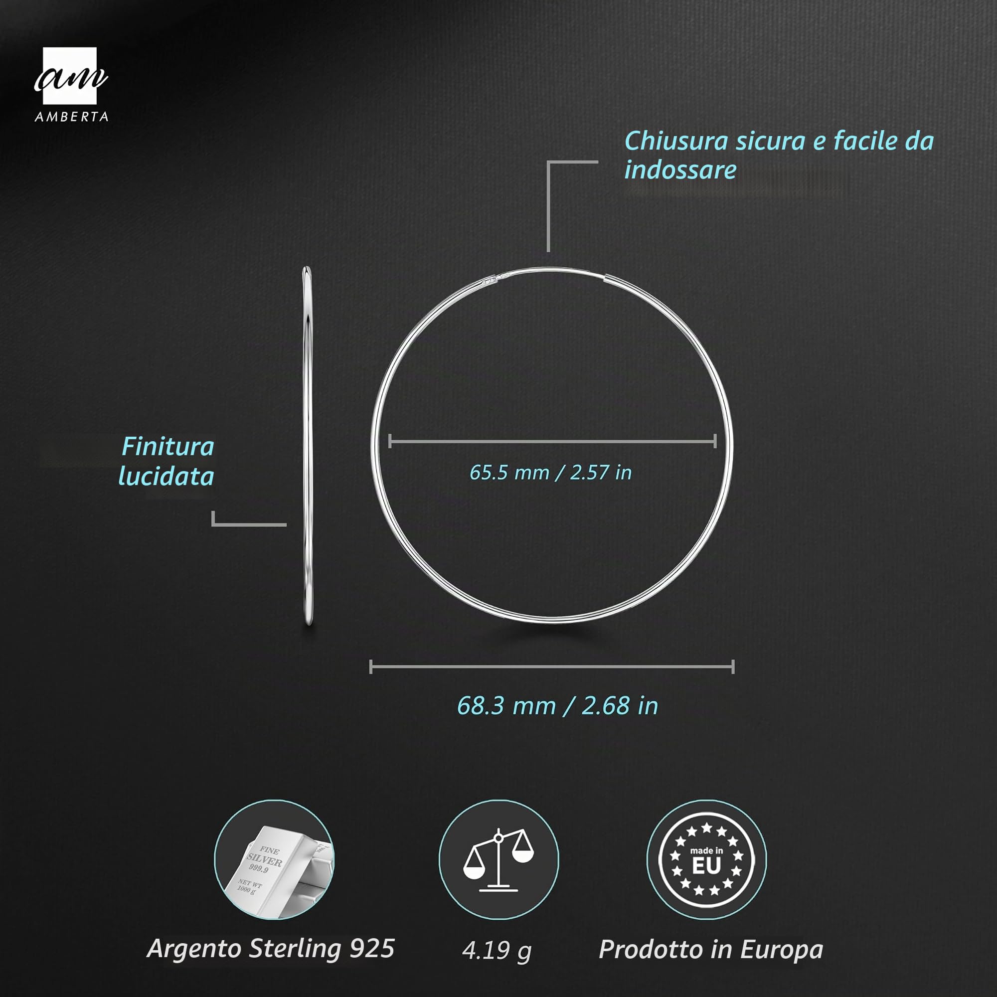 Amberta Orecchini a Cerchio da Donna in Argento Sterling 925