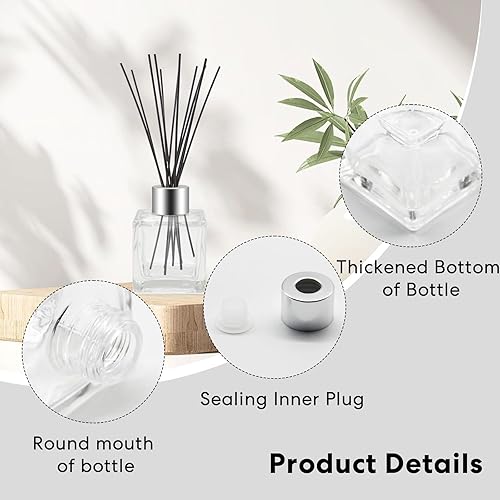 Miniatura 3 de 10 botellas difusoras de varillas de vidrio cuadradas vacías con tapas plateadas de 1.7 onzas, difusores de aromaterapia recargables, frascos