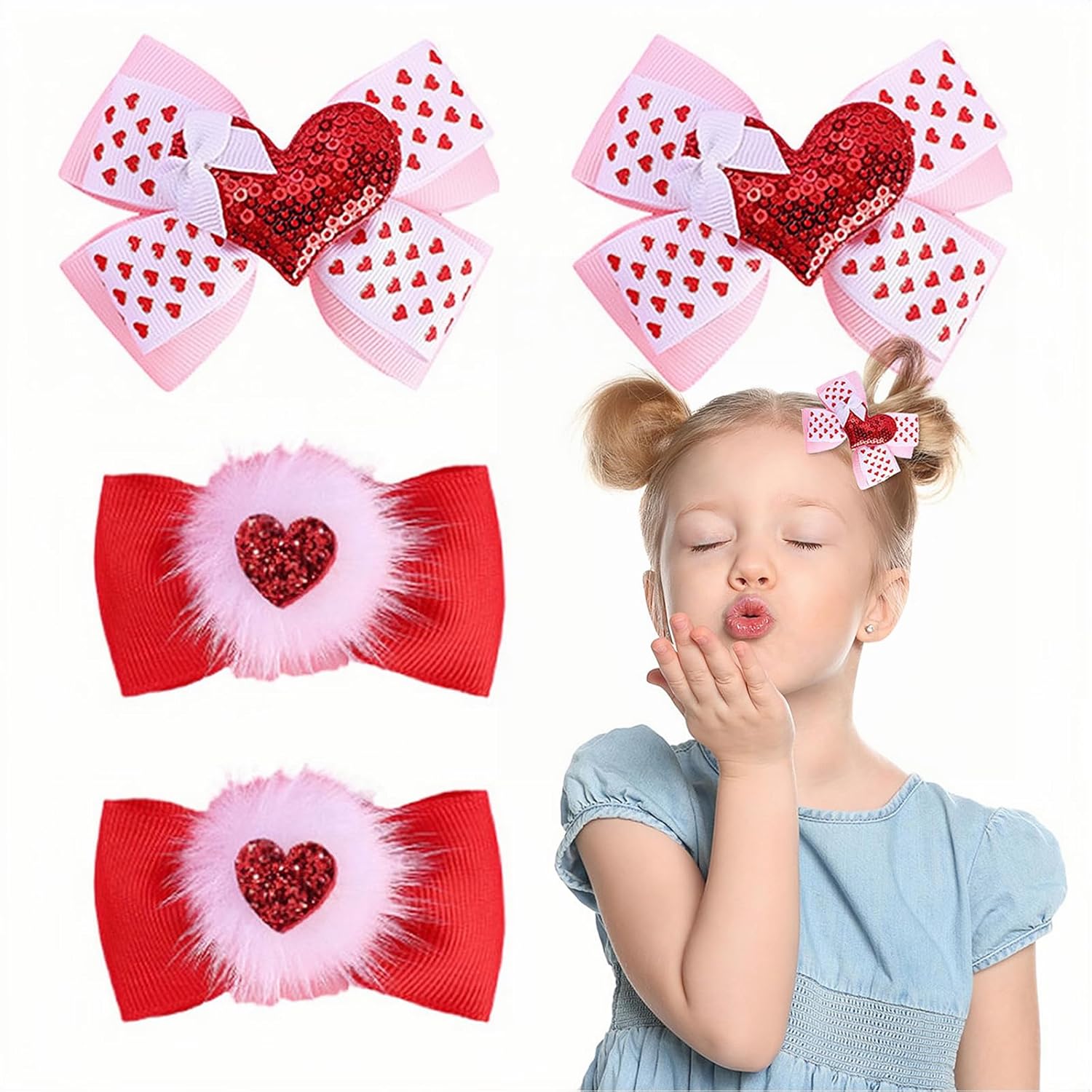HIFANMM Valentines Day Hair Bows for Girls, 4pcs Red Sequin Heart Hair Clips, Baby
