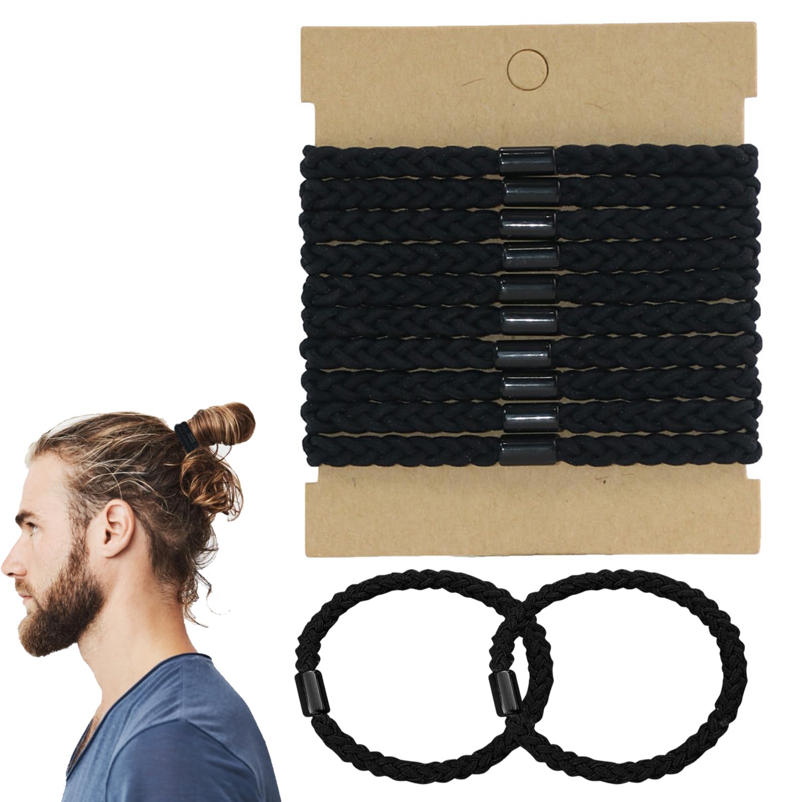 10 Pcs Hair Bands for Men Braided Elastic Mens Hair Ties for Guys Flat Man Bun Hair Tie No Damage Crease Breakage