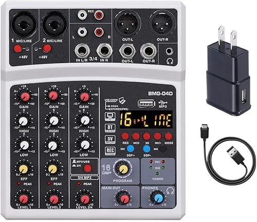 Miniatura 1 de HNKDD - Mini mezclador de 4 canales, tarjeta de sonido de audio DJ, 16 efectos digitales, reducción de ruido, pantalla de nivel LED para cantar en