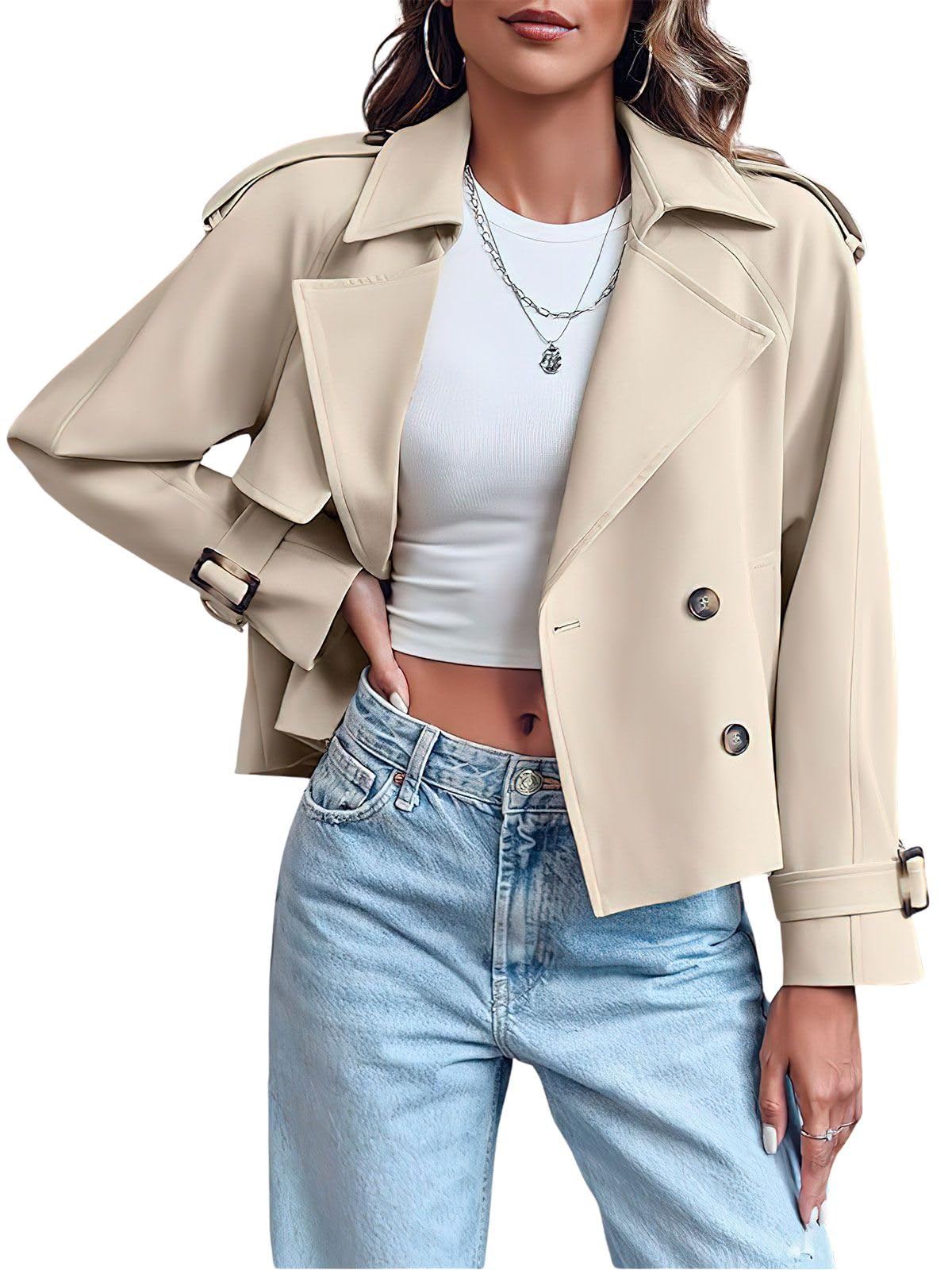 ebossy Womens Double Breasted Short Duster Trench Coat Lapel Loose Windproof Cropped Jacket Coat with Pockets