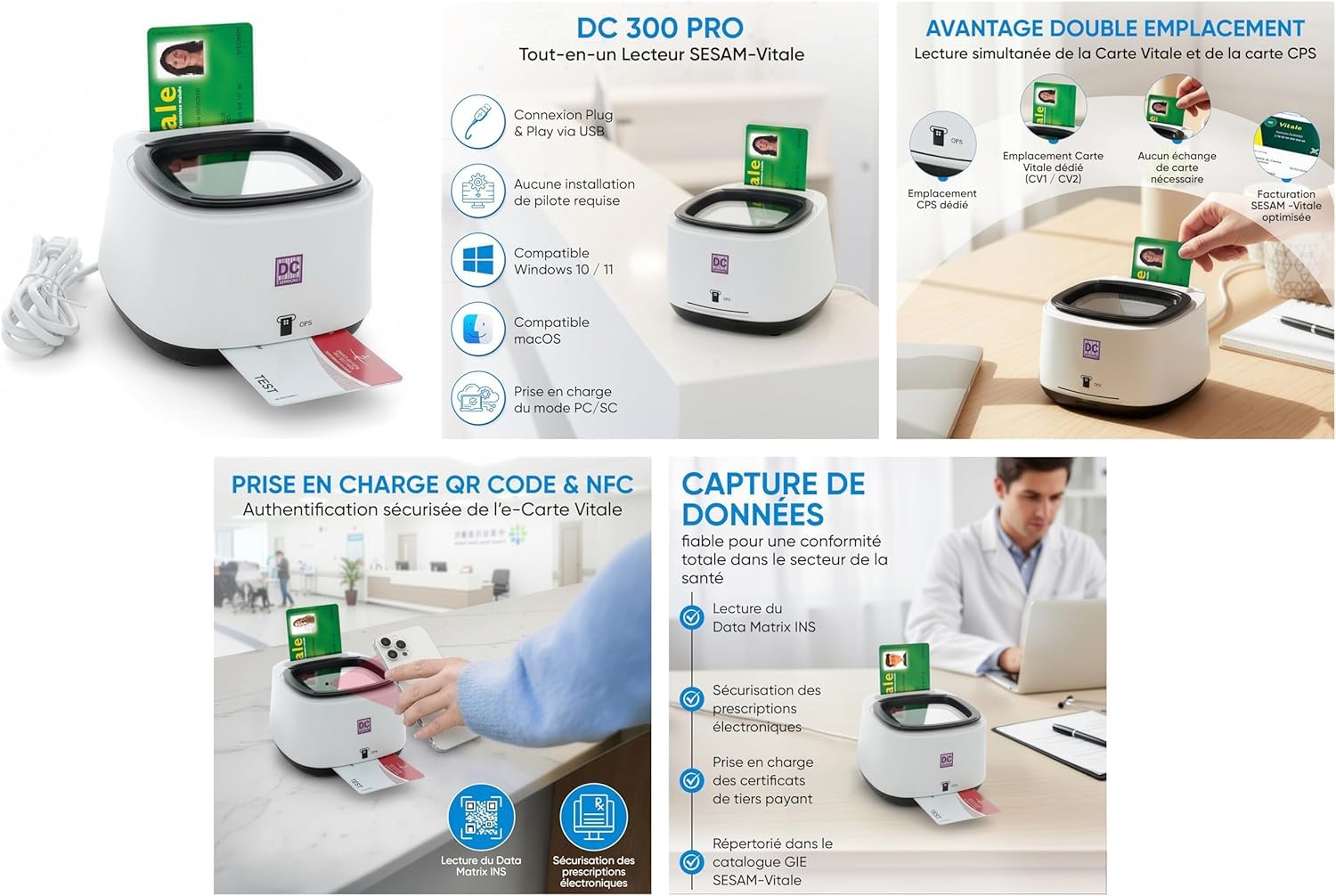 DC300 Pro Lettore 4 in 1 QRCODE NFC 2 Slot per schede vitali e CPS Sesam Vitale, Plug and Play, Nessun driver da installare, connessione USB A o USB C - Cavi forniti - Versione Mac OS